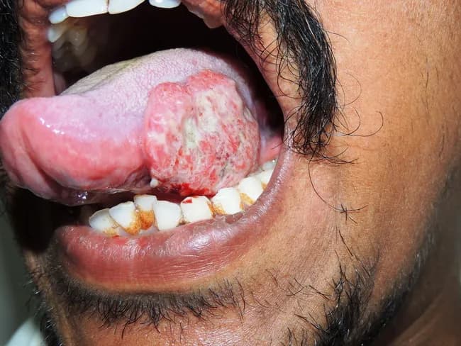 Intraoral clinical photograph of the left lateral tongue demonstrating an ulcerating, nodular mass approximately 3.0 cm in diameter. The lesion arises from the lingual mucosa along the left tongue margin and presents as a pink-erythematous, exophytic mass with focal surface ulceration. The patient is a 38-year-old male with over five years of chewing tobacco, a well-known risk factor for oral squamous cell carcinoma. The imaging modality is a standard white-light clinical photograph, acquired to document lesion morphology, localization, and size for baseline assessment and interdisciplinary discussion. The mass appears firm and indurated with surface irregularity and surrounding mucosal inflammation. Differential considerations include squamous cell carcinoma versus verrucous carcinoma or traumatic ulcer; however, the clinical history and lesion characteristics strongly support a malignant process. Definitive diagnosis requires histopathology from a biopsy, along with staging workup. This image is relevant for cancer screening, patient education, surgical and oncologic planning, and educational case discussions in otolaryngology/head-and-neck oncology. Keyword-rich descriptors: oral cancer, tongue cancer, oral SCC, left lateral tongue, intraoral lesion, ulcerating mass, tobacco use, risk factors, biopsy, histopathology, imaging documentation, staging, prognosis, therapy planning. Clinical images like this facilitate rapid recognition and timely management decisions. They also support patient counseling, multidisciplinary coordination, and education of trainees.