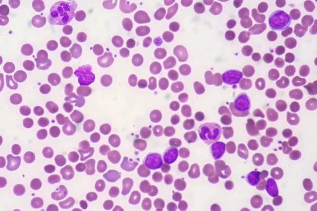 Peripheral blood smear from a patient with known chronic lymphocytic leukemia (CLL) showing autoimmune hemolytic anemia (AIHA). Brightfield microscopy of Wright-Giemsa stained smear at 1000x (oil immersion) reveals two dominant cell populations: numerous small mature lymphocytes typical of CLL and red blood cells showing spherocytic deformation. A smudge cell is evident just left of center, a classical clue for CLL. Red cells display reduced central pallor consistent with spherocytes, indicating intravascular or extravascular hemolysis driven by autoantibodies. The background shows mild polychromasia and rare nucleated RBCs, consistent with a robust reticulocyte response; the corrected reticulocyte count in this case is markedly elevated (>7%). Platelets are not significantly abnormal. These features collectively support autoimmune destruction of erythrocytes in the setting of CLL. Diagnostic significance lies in recognizing AIHA as a common autoimmune complication in CLL, with a clinical picture of sudden Hb decline and compensatory erythropoiesis. Differential considerations include drug-induced hemolysis, other causes of hemolytic anemia, or marrow infiltration by CLL. Clinical correlation includes therapy implications (steroids, rituximab) and close monitoring of hemolysis markers. This image is a valuable teaching resource for hematology morphology, AIHA in CLL, and differential diagnosis in anemia.