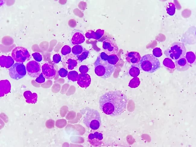 Imaging modality: Light microscopy of a Wright-Giemsa stained bone marrow aspirate smear. Specimen demonstrates cellular marrow with admixture of small mature lymphocytes and plasmacytoid cells, with scattered plasma cells showing eccentrically placed nuclei and basophilic cytoplasm. The predominant population consists of lymphoid-appearing cells with condensed chromatin and scant cytoplasm, forms consistent with lymphoplasmacytic differentiation. In addition, plasmacytoid lymphocytes and occasional true plasma cells are present, sometimes with a perinuclear hof. Background consists of erythroid and myeloid precursors in variable density, with minor rouleaux and mild dilution effects typical of aspirate smears. The findings align with lymphoplasmacytic lymphoma/Waldenström macroglobulinemia involving the medullary compartment. Notable features include a spectrum from small lymphocytes to plasmacytoid cells with plasma cells, reflecting clonal B-cell expansion and plasmacytic differentiation. Diagnostic significance includes marrow involvement by LPL with IgM-secreting clone; when combined with serum IgM monoclonal gammopathy, surface markers, and genetic studies, supports WM diagnosis. Potential differential diagnoses include chronic lymphoproliferative disorders with marrow plasmacytosis and plasma cell neoplasms; reactive plasmacytosis is less likely but considered in context. Clinical use cases include staging, treatment monitoring, and ambient research into marrow involvement by lymphoplasmacytic neoplasms. Correlation with IgM level and imaging aids comprehensive diagnosis and management for WM.