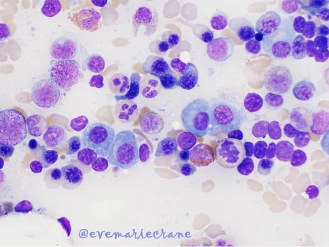 Bone marrow aspirate smear and trephine biopsy image illustrating plasma cell myeloma morphology. Imaged by bright-field light microscopy of Wright-Giemsa stained material, typically examined at oil immersion magnification (about 1000x). The primary subject is malignant plasma cells within the hematopoietic marrow; the specimen type is bone marrow aspirate smear, often with an accompanying trephine biopsy for architectural assessment. In the center of the field, several immature plasma cells are evident, characterized by larger size relative to surrounding hematopoietic elements, vesicular chromatin that is less condensed, and one or more prominent nucleoli. The cytoplasm is basophilic and abundant, frequently containing vacuoles, granules, crystals, or inclusions. Background marrow shows a spectrum of mature myeloid and erythroid cells; the overall cellularity is variable. Morphology ranges from mature, normal-appearing plasma cells to plasmablast-like cells with dispersed chromatin. In 1–2% of cases, neoplastic cells may exhibit multinucleation or convoluted nuclei with lymphoid-like morphology. The aspirate frequently demonstrates plasma cell percentages in the 20–35% range, while sampling error or uneven distribution may yield <10% in some symptomatic patients. Together with immunophenotyping, cytogenetics, and molecular studies, these features inform diagnosis, prognosis, and therapy response in plasma cell myeloma.