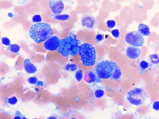 Bright-field light microscopy of a bone marrow aspirate cytology smear stained with Wright-Giemsa reveals a plasmacytic infiltrate rich in cytoplasmic inclusions. The primary cells are mature plasma cells with eccentric nuclei and basophilic cytoplasm; numerous cells exhibit cytoplasmic hyaline inclusions known as Russell bodies, which are immunoglobulin-rich vesicular structures derived from rough endoplasmic reticulum. In this field, several cells are markedly vacuolated and, collectively, these may be described as Mott cells when the cytoplasm is packed with multiple Russell bodies. The image also shows some cells with dense, aggregated immunoglobulin droplets and occasional binucleation, reflecting plasmacytic differentiation. Such features can be observed in reactive plasmacytosis as well as in plasma cell neoplasms, including multiple myeloma. Recognition of Russell bodies and Mott cells supports assessment of immunoglobulin synthesis disorders and plasmacytosis burden. The staining highlights cytoplasm more prominently than nuclei, enabling visualization of inclusion bodies and cytoplasmic granularity. Clinically, the presence of Mott cells with Russell bodies raises differential diagnoses that require correlation with serologic studies (Ig levels, monoclonality), marrow clonality assessment, and systemic evaluation for myeloma or gammopathy of undetermined significance. This cytologic pattern is a hallmark of plasmacytic maturation and immunoglobulin handling by malignant or reactive plasma cells.