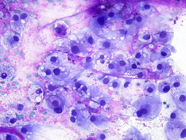 Fine-needle aspiration cytology (FNAC) of a paraspinal soft tissue mass demonstrates cells with voluminous, bubbly cytoplasm and large, bland hyperchromatic nuclei set in a myxoid, occasionally granular background. The cytologic smear is highly cellular, with scattered physaliferous cells featuring vacuolated, sometimes foamy cytoplasm and small-to-moderate nuclei. Many cells appear columnar-oval with a discohesive affinity, and occasional binucleation is seen. The distinctive bubbly cytoplasmic vacuoles and the presence of cartilaginous or chondroid–like matrix support a chordoma diagnosis, though differential includes clear cell renal cell carcinoma and other chondroid neoplasms. The staining used is Giemsa, which highlights the cytoplasmic vacuolization and the delicate, lace-like myxoid stroma around the tumor cells. Overall, the image demonstrates a neoplasm with notochordal differentiation, consistent with chordoma arising in the paraspinal region. Diagnostic significance lies in recognizing physaliferous cells and their abundant cytoplasm, which, in the appropriate clinical and radiologic context, directs confirmation by immunohistochemistry (brachyury positivity) and correlation with imaging to define extent. Differential diagnoses include metastatic RCC, chondrosarcoma, and chordoid variants; immunostaining and radiologic correlation are essential. This cytology image has educational value for surgical pathology, cytology practice, and differential diagnosis training in spine-associated tumors.