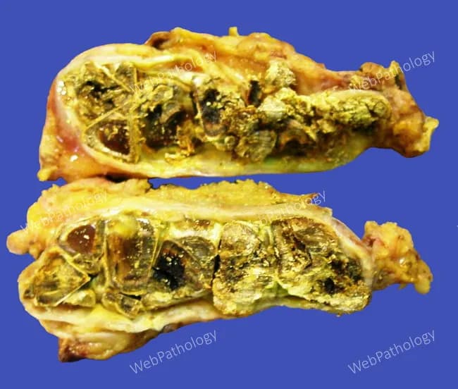 Gross pathology photograph of brown pigment gallstones (choleliths) retrieved from the gallbladder, featuring a cross sectional view of laminated surfaces. These pigment stones are composed of calcium salts of unconjugated bilirubin (monomeric calcium bilirubinate) embedded in a glycoprotein matrix, with interleaved calcium salts of fatty acids such as palmitate and stearate. Relative to black pigment stones, brown pigment stones contain a higher proportion of cholesterol and frequently incorporate small quantities of bile salts, phospholipids, and bacterial residues. The cut surface is stratified (lamellated), with bilirubinate-rich layers alternating with calcium palmitate-rich layers, reflecting alternating deposition of pigment and fatty acid calcium salts during growth. The overall appearance on the specimen can closely resemble fecal matter, a feature highlighted in this photograph. Image courtesy of Dr. Ibrahim Zardawi, used with permission. Clinically, brown pigment stones are associated with biliary infection and stasis, and are more common in settings of cholangitis or enteric bacterial activity producing beta-glucuronidase that promotes pigment precipitation. These stones are typically radiolucent and may be mixed with cholesterol components. They contribute to cholelithiasis risk and may require cholecystectomy. Potential diagnostic uses include educational reference for gallstone composition, histologic correlation, and differential diagnosis with black pigment stones and cholesterol stones.