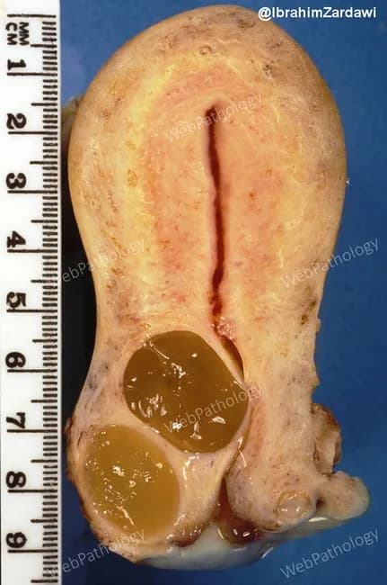 Gross pathology photograph of a grossly opened cervix displaying Nabothian cysts. Specimen obtained from a multiparous patient and opened in longitudinal fashion to expose the endocervical mucosa. Multiple translucent to yellow-brown cystic dilatations measure ranging from 0.2 to 1.0 cm; in this case several cysts are larger. The cysts are situated at the surface and within the cervical wall, with some approaching the outer surface and extending into paracervical soft tissue. The cyst contents are gelatinous, tenacious mucin. The cyst walls are smooth to slightly irregular, with a single layer of mucinous columnar or flat epithelium lining; no gross mass lesion is evident. Background stroma appears unremarkable; there is a chronic inflammatory background compatible with cervicitis in some glands. The differential diagnosis at gross inspection includes minimal deviation adenocarcinoma; however, there is no solid mass, no desmoplastic response, and no obvious invasion. The findings are typical of benign Nabothian cysts arising from blocked endocervical glands. This image highlights endocervical gland dilation and mucus retention as common incidental gynecologic pathology. Clinically, Nabothian cysts are usually asymptomatic, may be associated with chronic cervicitis, and are important to distinguish from malignant glandular tumors to avoid overtreatment. Useful for medical education and radiologic correlation.