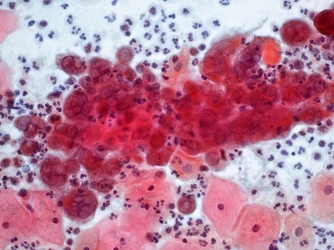 This cervical cytology image from a conventional Pap smear demonstrates the cytopathic effect of herpes simplex virus infection in squamous epithelium. Imaging modality is light microscopy with Pap staining; technique includes fixation, staining, and smear preparation, with magnification around 40x. Anatomical location corresponds to the cervix, specifically the transformation zone where squamous epithelium overlies glandular mucosa. Visual features include numerous large multinucleated squamous cells with nuclear molding, prominent ground-glass nuclei, and perinuclear halos; chromatin marginates and intranuclear eosinophilic inclusions (Cowdry type A) are variably present. A background inflammatory infiltrate contains lymphocytes and neutrophils; adjacent erythrocytes and epithelial cells provide a mixed cytology field. Pathology: characteristic HSV-induced cytopathic effect in cervical epithelium; findings reflect active viral replication and cell-cell fusion, leading to multinucleation and nuclear fragmentation. Diagnostic significance: supports diagnosis of HSV cervicitis in the appropriate clinical context; helps distinguish HSV infection from other cervicitis etiologies such as HPV-related koilocytosis or Chlamydia; may prompt confirmatory testing (HSV PCR, viral culture) and antiviral therapy. Differential considerations: CMV infection with owl’s eye inclusions; koilocytosis from HPV; nonspecific inflammatory changes. Clinical correlation: correlate with genital ulcers, dysuria, sexual history, and lesion distribution; documents viral shedding risk and informs patient counseling.