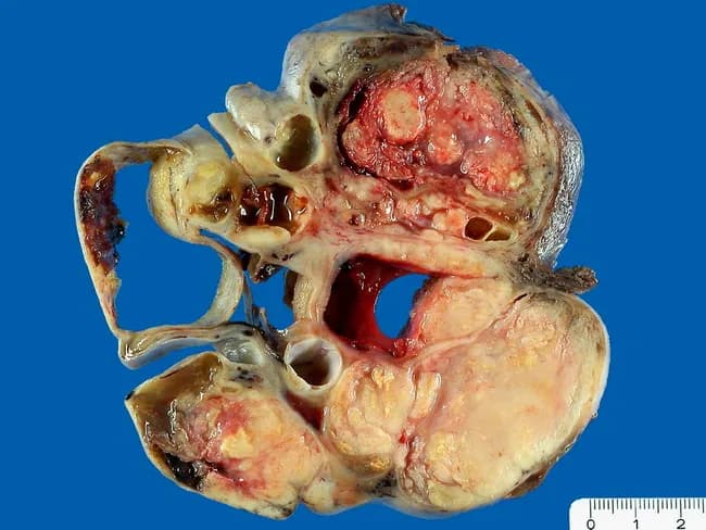This gross pathology image depicts a unilateral ovarian tumor measuring 12 cm, displaying both solid and cystic components. Cysts are filled with serous fluid and are partially lined by papillary proliferations; scattered necrotic foci are evident within the parenchyma. The specimen demonstrates classic features of a malignant epithelial ovarian tumor of serous type, specifically serous papillary cystadenocarcinoma, as described in the accompanying diagnosis. The outer surface is irregular with friable, yellow-tan tissue and focal hemorrhagic areas; cross-sectional areas reveal multilocular cystic spaces interspersed with solid nodules. In a 69-year-old female, these macroscopic findings correlate with advanced-age onset ovarian carcinoma and may reflect high-grade disease. This image is suitable for educational illustrating the gross morphology of serous ovarian carcinoma, including papillary architecture, cystic dilation, necrosis, and a mix of solid and cystic tumor burden. The specimen highlight underscores the importance of comprehensive macroscopic examination as part of surgical pathology workflows, aiding staging and guiding histologic sampling. Pathoanatomic correlation with microscopic serous papillary carcinoma features—papillary fronds, atypia, mitotic activity—requires histology. Used clinically, such gross images support tumor identification, differential diagnosis from serous cystadenoma or mucinous tumors, and are valuable for medical education and tumor registries. Image credit: pathorama.ch.
