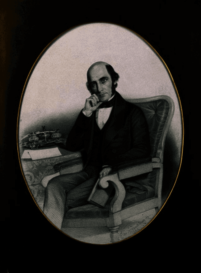 **Modality:** Historical medical portrait (lithograph/stipple engraving).

**Subject:** Portrait of William John Little (1810–1894), a pioneer in orthopedic surgery and the formal identification of cerebral palsy (historically referred to as "Little’s Disease").

**Composition and Details:**
The image is a mid-19th-century oval-framed portrait depicting a male figure in a seated, reflective pose. He is dressed in formal Victorian-era professional attire, including a dark frock coat, waistcoat, and high-collared shirt with a necktie. 

**Relevant Clinical and Historical Context:**
*   **Anatomical/Clinical Focus:** Little is renowned for his work on congenital and acquired deformities, specifically clubfoot (talipes equinovarus) and the neurological sequelae of neonatal asphyxia (spastic diplegia).
*   **Symbolic Elements:** The subject is seated at a desk featuring writing implements (inkwell and paper), signifying his role as a medical scholar and author of seminal texts such as *On the Deformities of the Human Frame*.

**Database Indexing Keywords:** Medical History, Orthopedic Surgery, Cerebral Palsy, Little’s Disease, 19th-century Physician, Neurological History, William John Little.