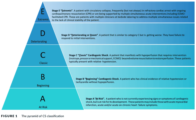 Summary : This figure presents a pyramid diagram illustrating the classification of cardiogenic shock (CS) into five progressive stages (A–E), from "At Risk" to "Extremis," with detailed descriptions for each stage.
pyramid diagram:
# Structure & Levels :
• The diagram is a five-level pyramid, with each level labeled from bottom (A) to top (E).
• Each level represents a stage of cardiogenic shock, with increasing severity from A (base) to E (apex).
• Levels are color-coded in gradients of blue, with darker shades at the base and lighter at the apex.
## Stages & Descriptions :
• Stage A "At Risk":
– Patients not currently experiencing signs or symptoms of cardiogenic shock, but at risk for its development.
– Includes those with acute myocardial infarction, acute and/or acute on chronic heart failure symptoms.
• Stage B "Beginning" Cardiogenic Shock:
– Patients with clinical evidence of relative hypotension or tachycardia without hypoperfusion.
• Stage C "Classic" Cardiogenic Shock:
– Patients manifesting with hypoperfusion requiring intervention (inotrope, pressor, mechanical support, ECMO) beyond volume resuscitation.
– Typically present with relative hypotension.
• Stage D "Deteriorating or Doom":
– Patients similar to category C but getting worse.
– Failure to respond to initial interventions.
• Stage E "Extremis":
– Patients with circulatory collapse, often in refractory cardiac arrest with ongoing CPR or multiple simultaneous acute interventions (including ECMO-facilitated CPR).
– Multiple clinicians at bedside due to lack of clinical stability.
## Design Encodings :
• Each stage is labeled with a large letter (A–E), stage name, and a detailed description.
• The pyramid shape visually emphasizes progression and severity.
• The base (A) is widest, indicating the largest population at risk; the apex (E) is narrowest, indicating the most severe and least common stage.
## Caption & Source :
• Figure is labeled as "FIGURE 1 The pyramid of CS classification" at the bottom.
# Analysis :
• The pyramid visually communicates the increasing severity and decreasing prevalence of cardiogenic shock stages from A (at risk) to E (extremis).
• The detailed descriptions provide clear clinical criteria for each stage, supporting rapid classification and intervention planning.
• The structure emphasizes that as patients progress upward, interventions become more urgent and complex, with the top stage (E) representing critical instability requiring maximal support.