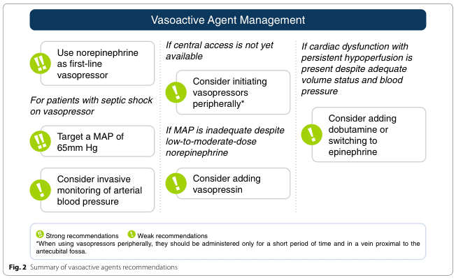 Summary : This figure presents a summary of recommendations for the management of vasoactive agents in patients with septic shock, focusing on the choice and administration of vasopressors, monitoring strategies, and adjustments for cardiac dysfunction.
flowchart:
# Nodes :
• "Use norepinephrine as first-line vasopressor" (rounded rectangle, strong recommendation)
• "Target a MAP of 65mm Hg" (rounded rectangle, strong recommendation)
• "Consider invasive monitoring of arterial blood pressure" (rounded rectangle, strong recommendation)
• "Consider initiating vasopressors peripherally*" (rounded rectangle, weak recommendation)
• "Consider adding vasopressin" (rounded rectangle, weak recommendation)
• "Consider adding dobutamine or switching to epinephrine" (rounded rectangle, weak recommendation)
# Connectors :
• "For patients with septic shock on vasopressor" leads to three nodes: norepinephrine use, MAP target, and invasive monitoring.
• "If central access is not yet available" leads to "Consider initiating vasopressors peripherally*".
• "If MAP is inadequate despite low-to-moderate-dose norepinephrine" leads to "Consider adding vasopressin".
• "If cardiac dysfunction with persistent hypoperfusion is present despite adequate volume status and blood pressure" leads to "Consider adding dobutamine or switching to epinephrine".
# Layout :
• Three main columns:
– Left: Initial management for septic shock (norepinephrine, MAP target, invasive monitoring).
– Middle: Adjustments if central access is unavailable or MAP is inadequate (peripheral vasopressors, add vasopressin).
– Right: Management for cardiac dysfunction (add dobutamine or switch to epinephrine).
• Recommendations are visually distinguished by icons: green for strong, yellow for weak.
• Footnote: Peripheral vasopressors should be administered only for a short period and in a vein proximal to the antecubital fossa.
# Analysis :
• The figure prioritizes norepinephrine as the first-line vasopressor and a MAP target of 65mm Hg, both as strong recommendations.
• Invasive monitoring is also strongly recommended.
• Weak recommendations address practical adjustments: peripheral administration if central access is delayed, adding vasopressin if MAP remains low, and using dobutamine or epinephrine for cardiac dysfunction.
• The flowchart structure supports stepwise escalation and adaptation based on patient response and access limitations.