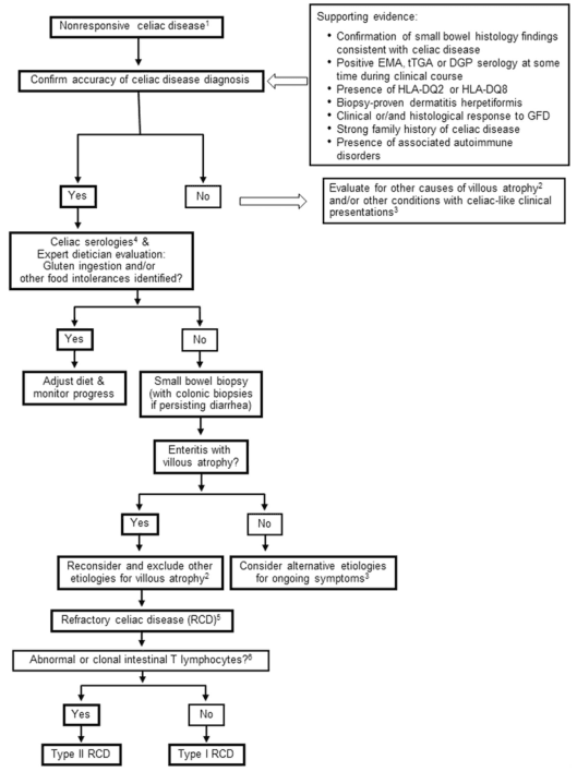 Summary : This flowchart outlines the diagnostic and management pathway for nonresponsive celiac disease, including confirmation of diagnosis, evaluation for gluten ingestion or other food intolerances, consideration of alternative causes of villous atrophy, and classification of refractory celiac disease (RCD) into Type I or Type II based on intestinal T lymphocyte findings.