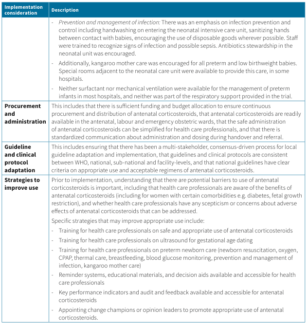 <table><thead><tr><th>Implementation consideration</th><th>Description</th></tr></thead><tbody><tr><td></td><td><ul><li>Prevention and management of infection: There was an emphasis on infection prevention and control including handwashing on entering the neonatal intensive care unit, sanitizing hands between contact with babies, encouraging the use of disposable goods wherever possible. Staff were trained to recognize signs of infection and possible sepsis. Antibiotics stewardship in the neonatal unit was encouraged.</li><li>Additionally, kangaroo mother care was encouraged for all preterm and low birthweight babies. Special rooms adjacent to the neonatal care unit were available to provide this care, in some hospitals.</li><li>Neither surfactant nor mechanical ventilation were available for the management of preterm infants in most hospitals, and neither was part of the respiratory support provided in the trial.</li></ul></td></tr><tr><td>Procurement and administration</td><td>This includes that there is sufficient funding and budget allocation to ensure continuous procurement and distribution of antenatal corticosteroids, that antenatal corticosteroids are readily available in the antenatal, labour and emergency obstetric wards, that the safe administration of antenatal corticosteroids can be simplified for health care professionals, and that there is standardized communication about administration and dosing during handover and referral.</td></tr><tr><td>Guideline and clinical protocol adaptation</td><td>This includes ensuring that there has been a multi-stakeholder, consensus-driven process for local guideline adaptation and implementation, that guidelines and clinical protocols are consistent between WHO, national, sub-national and facility-levels, and that national guidelines have clear criteria on appropriate use and acceptable regimens of antenatal corticosteroids.</td></tr><tr><td>Strategies to improve use</td><td>Prior to implementation, understanding that there are potential barriers to use of antenatal corticosteroids is important, including that health care professionals are aware of the benefits of antenatal corticosteroids (including for women with certain comorbidities e.g. diabetes, fetal growth restriction), and whether health care professionals have any scepticism or concerns about adverse effects of antenatal corticosteroids that can be addressed.</td></tr><tr><td></td><td>Specific strategies that may improve appropriate use include:</td></tr><tr><td></td><td><ul><li>Training for health care professionals on safe and appropriate use of antenatal corticosteroids</li><li>Training for health care professionals on ultrasound for gestational age dating</li><li>Training for health care professionals on preterm newborn care (newborn resuscitation, oxygen, CPAP, thermal care, breastfeeding, blood glucose monitoring, prevention and management of infection, kangaroo mother care)</li><li>Reminder systems, educational materials, and decision aids available and accessible for health care professionals</li><li>Key performance indicators and audit and feedback available and accessible for antenatal corticosteroids</li><li>Appointing change champions or opinion leaders to promote appropriate use of antenatal corticosteroids.</li></ul></td></tr></tbody></table>