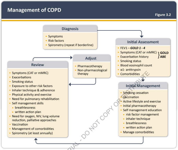 Summary : This flowchart outlines the comprehensive management process for Chronic Obstructive Pulmonary Disease (COPD), detailing the steps from diagnosis through assessment, initial management, ongoing review, and therapy adjustment.
flowchart:
# Nodes :
• Diagnosis (rectangle): Symptoms, Risk factors, Spirometry (repeat if borderline)
• Initial Assessment (rectangle): FEV1 – GOLD 1-4, Symptoms (CAT or mMRC), Exacerbation history, Smoking status, Blood eosinophil count, α1-antitrypsin, Comorbidities
• Initial Management (rectangle): Smoking cessation, Vaccination, Active lifestyle and exercise, Initial pharmacotherapy, Self management education (risk factor management, inhaler technique, breathlessness, written action plan), Manage comorbidities
• Review (rectangle): Symptoms (CAT or mMRC), Exacerbations, Smoking status, Exposure to other risk factors, Inhaler technique & adherence, Physical activity and exercise, Need for pulmonary rehabilitation, Self management skills (breathlessness, written action plan), Need for oxygen, NIV, lung volume reduction, palliative approaches, Vaccination, Management of comorbidities, Spirometry (at least annually)
• Adjust (rectangle): Pharmacotherapy, Non-pharmacological therapy
# Connectors :
• Arrow from Diagnosis to Initial Assessment
• Arrow from Initial Assessment to Initial Management
• Arrow from Initial Management to Review
• Arrow from Review to Adjust
• Arrow from Adjust back to Review (forming a cycle)
• Arrow from Review back to Initial Assessment (feedback loop)
# Layout :
• The flowchart is organized in a left-to-right and top-to-bottom sequence, with cyclical feedback between Review and Adjust, and a feedback loop from Review to Initial Assessment.
• All nodes are rectangles with section headings and bullet points.
• The GOLD classification (GOLD 1-4, GOLD ABE) is referenced in Initial Assessment.
# Analysis :
• The flowchart emphasizes a cyclical, iterative approach to COPD management, with regular review and adjustment of therapy based on ongoing assessment.
• Key management elements include both pharmacological and non-pharmacological interventions, patient education, and comorbidity management.
• The process is structured to ensure continuous monitoring and optimization of care, with feedback loops to reassess and refine treatment as needed.