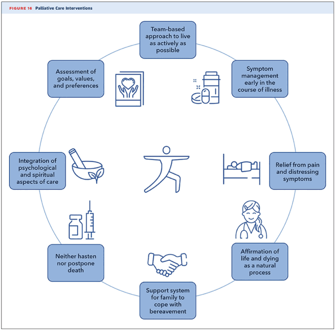 Summary : This figure presents the key interventions and principles of palliative care, organized in a circular diagram to emphasize their interconnectedness and holistic approach.
conceptual diagram:
# Central Theme :
• A stylized human figure in a yoga pose at the center, symbolizing holistic well-being and active living.
# Palliative Care Interventions (Nodes) :
• Team-based approach to live as actively as possible
• Symptom management early in the course of illness
• Relief from pain and distressing symptoms
• Affirmation of life and dying as a natural process
• Support system for family to cope with bereavement
• Neither hasten nor postpone death
• Integration of psychological and spiritual aspects of care
• Assessment of goals, values, and preferences
# Layout :
• Circular arrangement of eight blue boxes, each with an icon representing the intervention.
• Boxes are evenly spaced around the central figure, visually connecting all aspects of care.
# Design Encodings :
• Blue color scheme for all boxes and icons.
• Simple line icons for each intervention (e.g., handshake, medicine, mortar and pestle, bed, heart in hands).
• No arrows; the circular layout implies equal importance and interrelation.
# Analysis :
• The diagram emphasizes that palliative care is multidimensional, involving medical, psychological, spiritual, and family support.
• The circular structure suggests that all interventions are equally important and work together to support both patients and families.
• The central figure highlights the goal of maintaining quality of life and active living, even in the context of serious illness.