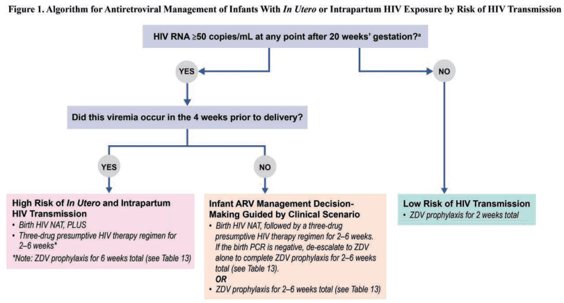 Summary : This flowchart presents an algorithm for antiretroviral management of infants with in utero or intrapartum HIV exposure, stratified by risk of HIV transmission based on maternal HIV RNA levels and timing of viremia.
flowchart:
# Nodes :
• Start (rectangle): "HIV RNA ≥50 copies/mL at any point after 20 weeks’ gestation?"
• Decision (diamond): "YES" / "NO" branches.
• Decision (rectangle): "Did this viremia occur in the 4 weeks prior to delivery?"
• Decision (diamond): "YES" / "NO" branches.
• High Risk (rectangle, pink): "High Risk of In Utero and Intrapartum HIV Transmission"
– "Birth HIV NAT, PLUS"
– "Three-drug presumptive HIV therapy regimen for 2–6 weeks*"
– "*Note: ZDV prophylaxis for 6 weeks total (see Table 13)"
• Intermediate Risk (rectangle, peach): "Infant ARV Management Decision-Making Guided by Clinical Scenario"
– "Birth HIV NAT, followed by a three-drug presumptive HIV therapy regimen for 2–6 weeks."
– "If the birth PCR is negative, de-escalate to ZDV alone to complete ZDV prophylaxis for 2–6 weeks total (see Table 13)."
– "OR"
– "ZDV prophylaxis for 2–6 weeks total (see Table 13)"
• Low Risk (rectangle, green): "Low Risk of HIV Transmission"
– "ZDV prophylaxis for 2 weeks total"
# Connectors :
• Arrow from Start node splits to YES and NO.
• YES branch leads to "Did this viremia occur in the 4 weeks prior to delivery?" node.
• NO branch leads directly to "Low Risk of HIV Transmission" node.
• From "Did this viremia occur..." node, YES leads to "High Risk..." node, NO leads to "Infant ARV Management..." node.
# Layout :
• Top-down hierarchical flow.
• Initial decision splits into two main branches (YES/NO).
• YES branch has a secondary decision, further splitting into two risk categories.
• NO branch leads directly to low risk management.
# Analysis :
• The algorithm stratifies infants into high, intermediate, or low risk for HIV transmission based on maternal HIV RNA levels and timing of viremia.
• High risk infants receive more intensive ARV therapy (three-drug regimen and longer ZDV prophylaxis).
• Intermediate risk infants have management tailored by clinical scenario, with possible de-escalation based on birth PCR results.
• Low risk infants receive only short-course ZDV prophylaxis.
• The flowchart ensures that infants at greatest risk receive the most aggressive prophylaxis, while minimizing unnecessary treatment for low-risk cases.