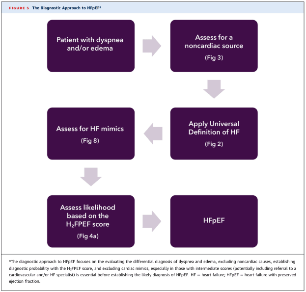 Summary : This figure presents a flowchart outlining the diagnostic approach to heart failure with preserved ejection fraction (HFpEF), focusing on the evaluation of patients with dyspnea and/or edema, exclusion of noncardiac causes, assessment for heart failure mimics, and use of the H₂FPEF score to establish diagnostic likelihood.
flowchart:
# Nodes :
• Patient with dyspnea and/or edema (rounded rectangle)
• Assess for a noncardiac source (Fig 3) (rounded rectangle)
• Apply Universal Definition of HF (Fig 2) (rounded rectangle)
• Assess for HF mimics (Fig 8) (rounded rectangle)
• Assess likelihood based on the H₂FPEF score (Fig 4a) (rounded rectangle)
• HFpEF (rounded rectangle)
# Connectors :
• Arrow from "Patient with dyspnea and/or edema" → "Assess for a noncardiac source (Fig 3)"
• Arrow from "Assess for a noncardiac source (Fig 3)" → "Apply Universal Definition of HF (Fig 2)"
• Arrow from "Apply Universal Definition of HF (Fig 2)" → "Assess for HF mimics (Fig 8)"
• Arrow from "Assess for HF mimics (Fig 8)" → "Assess likelihood based on the H₂FPEF score (Fig 4a)"
• Arrow from "Assess likelihood based on the H₂FPEF score (Fig 4a)" → "HFpEF"
# Layout :
• Flowchart is arranged in a vertical sequence of steps, with each node representing a decision or assessment point.
• All nodes are rounded rectangles, connected by single downward-pointing arrows, indicating a linear, stepwise process.
# Analysis :
• The workflow emphasizes a systematic approach: starting with symptom identification, ruling out noncardiac causes, confirming heart failure using a universal definition, excluding mimics, and finally quantifying diagnostic likelihood with the H₂FPEF score.
• The process is linear, with no branches or loops, ensuring each step is completed before proceeding to the next.
• The figure highlights the importance of differential diagnosis and structured assessment in identifying HFpEF.