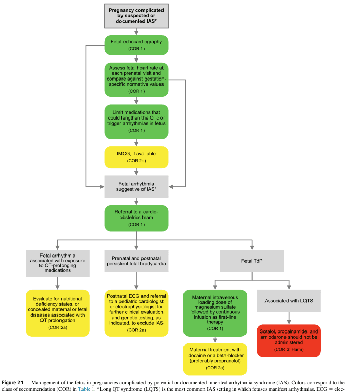 Summary : This flowchart outlines the management of fetuses in pregnancies complicated by suspected or documented inherited arrhythmia syndrome (IAS), with a focus on long QT syndrome (LQTS) and fetal arrhythmias. It details recommended steps, decision points, and treatments, using color codes to indicate the class of recommendation (COR).
flowchart:
# Nodes :
• Start (rectangle): "Pregnancy complicated by suspected or documented IAS*"
• Rectangle: "Fetal echocardiography (COR 1)"
• Rectangle: "Assess fetal heart rate at each prenatal visit and compare against gestation-specific normative values (COR 1)"
• Rectangle: "Limit medications that could lengthen the QTc or trigger arrhythmias in fetus (COR 1)"
• Rectangle (yellow): "fMCG, if available (COR 2a)"
• Diamond: "Fetal arrhythmia suggestive of IAS*"
• Rectangle: "Referral to a cardio-obstetrics team (COR 1)"
• Rectangle: "Fetal arrhythmia associated with exposure to QT-prolonging medications"
• Rectangle (yellow): "Evaluate for nutritional deficiency states, or concealed maternal or fetal diseases associated with QT prolongation (COR 2a)"
• Rectangle: "Prenatal and postnatal persistent fetal bradycardia"
• Rectangle (yellow): "Postnatal ECG and referral to a pediatric cardiologist or electrophysiologist for further clinical evaluation and genetic testing, as indicated, to exclude IAS (COR 2a)"
• Rectangle: "Fetal TdP"
• Rectangle: "Maternal intravenous loading dose of magnesium sulfate followed by continuous infusion as first-line therapy (COR 1)"
• Rectangle (yellow): "Maternal treatment with lidocaine or a beta-blocker (preferably propranolol) (COR 2a)"
• Rectangle: "Associated with LQTS"
• Rectangle (red): "Sotalol, procainamide, and amiodarone should not be administered (COR 3: Harm)"
# Connectors :
• Downward arrows connect each step in sequence.
• After "Fetal echocardiography", arrows lead to "Assess fetal heart rate..." and then to "Limit medications...".
• From "Limit medications...", arrow leads to "fMCG, if available".
• From "fMCG, if available", arrow leads to "Fetal arrhythmia suggestive of IAS*".
• From "Fetal arrhythmia suggestive of IAS*", arrow leads to "Referral to a cardio-obstetrics team".
• From "Referral to a cardio-obstetrics team", three branches:
– Left: "Fetal arrhythmia associated with exposure to QT-prolonging medications" → "Evaluate for nutritional deficiency states..."
– Middle: "Prenatal and postnatal persistent fetal bradycardia" → "Postnatal ECG and referral..."
– Right: "Fetal TdP" → "Maternal intravenous loading dose..." → "Maternal treatment with lidocaine or a beta-blocker..." → "Associated with LQTS" → "Sotalol, procainamide, and amiodarone should not be administered"
• Some steps loop back to earlier steps (e.g., assessment at each prenatal visit).
# Layout :
• Vertical flow from top to bottom, with a major split into three branches after referral to cardio-obstetrics team.
• Color coding: Green (COR 1: strong recommendation), Yellow (COR 2a: moderate recommendation), Red (COR 3: harm).
• Decision diamond for arrhythmia presence.
• Merges and branches for different arrhythmia scenarios.
# Analysis :
• The flowchart emphasizes early and repeated fetal heart assessment, medication management, and specialist referral.
• It provides clear pathways for different arrhythmia findings: exposure to QT-prolonging drugs, persistent bradycardia, and fetal TdP.
• Strong recommendations (green) are given for initial steps and magnesium sulfate therapy; moderate recommendations (yellow) for additional diagnostics and treatments; and explicit harm warnings (red) for certain drugs in LQTS.
• The structure supports rapid identification and tailored management of fetal arrhythmias, with escalation to advanced therapies and genetic evaluation as needed.