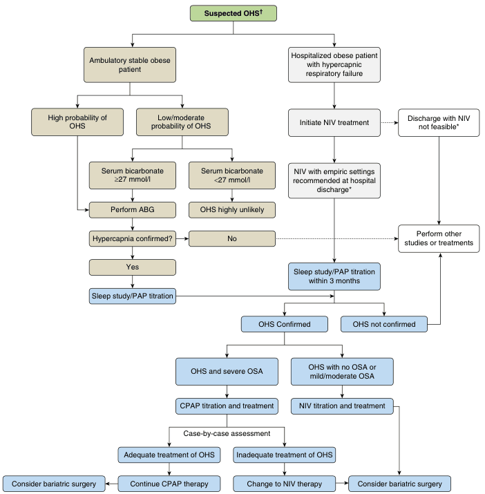Summary : This flowchart outlines the diagnostic and management pathway for suspected Obesity Hypoventilation Syndrome (OHS), differentiating between ambulatory and hospitalized obese patients, and guiding subsequent investigations and treatments based on probability, laboratory findings, and response to therapy.
flowchart:
# Nodes :
• Suspected OHS† (rounded rectangle, start)
• Ambulatory stable obese patient (rectangle)
• Hospitalized obese patient with hypercapnic respiratory failure (rectangle)
• High probability of OHS (rectangle)
• Low/moderate probability of OHS (rectangle)
• Serum bicarbonate ≥27 mmol/l (rectangle)
• Serum bicarbonate <27 mmol/l (rectangle)
• Perform ABG (rectangle)
• OHS highly unlikely (rectangle)
• Hypercapnia confirmed? (diamond/decision)
• Yes (rectangle)
• No (rectangle)
• Sleep study/PAP titration (rectangle)
• Initiate NIV treatment (rectangle)
• Discharge with NIV not feasible* (rectangle)
• NIV with empiric settings recommended at hospital discharge* (rectangle)
• Perform other studies or treatments (rectangle)
• Sleep study/PAP titration within 3 months (rectangle)
• OHS Confirmed (rectangle)
• OHS not confirmed (rectangle)
• OHS and severe OSA (rectangle)
• OHS with no OSA or mild/moderate OSA (rectangle)
• CPAP titration and treatment (rectangle)
• NIV titration and treatment (rectangle)
• Case-by-case assessment (rectangle)
• Adequate treatment of OHS (rectangle)
• Inadequate treatment of OHS (rectangle)
• Consider bariatric surgery (rectangle)
• Continue CPAP therapy (rectangle)
• Change to NIV therapy (rectangle)
# Connectors :
• Downward arrows connect each step in the process.
• Branches split based on probability of OHS, serum bicarbonate levels, and confirmation of hypercapnia.
• Decision diamond at "Hypercapnia confirmed?" splits to "Yes" (proceed to sleep study/PAP titration) or "No" (OHS highly unlikely or further studies/treatments).
• Hospitalized patient pathway splits to "Discharge with NIV not feasible*" or "NIV with empiric settings recommended at hospital discharge*", then to "Sleep study/PAP titration within 3 months" or "Perform other studies or treatments".
• After sleep study/PAP titration, branches to "OHS Confirmed" or "OHS not confirmed".
• If OHS confirmed, further split into "OHS and severe OSA" (CPAP titration/treatment) or "OHS with no OSA or mild/moderate OSA" (NIV titration/treatment).
• Case-by-case assessment leads to either "Adequate treatment of OHS" (continue CPAP therapy or consider bariatric surgery) or "Inadequate treatment of OHS" (change to NIV therapy or consider bariatric surgery).
# Layout :
• The flowchart is organized in a top-down manner, starting with suspected OHS and splitting into two main branches: ambulatory stable obese patients and hospitalized obese patients.
• Each branch contains further decision points and merges at the sleep study/PAP titration step.
• The chart uses rectangles for process steps, a diamond for decision, and rounded rectangles for start/end points.
• Blue-shaded boxes indicate steps involving sleep study/PAP titration and treatment decisions.
# Analysis :
• The flowchart provides a clear, stepwise approach for evaluating and managing suspected OHS, emphasizing the importance of serum bicarbonate and ABG testing in ambulatory patients, and NIV initiation in hospitalized patients.
• Decision points ensure that only patients with confirmed hypercapnia proceed to sleep study/PAP titration.
• The pathway distinguishes between OHS with severe OSA (managed with CPAP) and OHS with no/mild/moderate OSA (managed with NIV).
• Case-by-case assessment allows for individualized management, including consideration of bariatric surgery for refractory cases.
• The chart highlights the need for follow-up sleep studies and titration within 3 months for hospitalized patients discharged on NIV.