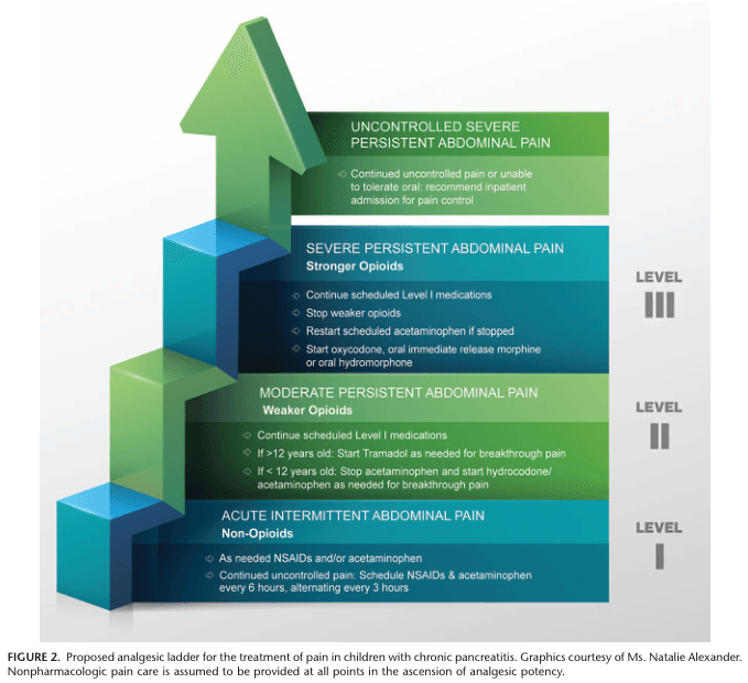 Summary : This figure presents a proposed analgesic ladder for the treatment of pain in children with chronic pancreatitis, illustrating a stepwise approach to pain management based on severity, from non-opioid to stronger opioid interventions.
flowchart:
# Levels of Pain and Analgesic Intervention :
## Level I – Acute Intermittent Abdominal Pain (Non-Opioids) :
• As needed NSAIDs and/or acetaminophen.
• For continued uncontrolled pain: Schedule NSAIDs & acetaminophen every 6 hours, alternating every 3 hours.
## Level II – Moderate Persistent Abdominal Pain (Weaker Opioids) :
• Continue scheduled Level I medications.
• If >12 years old: Start Tramadol as needed for breakthrough pain.
• If <12 years old: Stop acetaminophen and start hydrocodone/acetaminophen as needed for breakthrough pain.
## Level III – Severe Persistent Abdominal Pain (Stronger Opioids) :
• Continue scheduled Level I medications.
• Stop weaker opioids.
• Restart scheduled acetaminophen if stopped.
• Start oxycodone, oral immediate release morphine, or oral hydromorphone.
## Uncontrolled Severe Persistent Abdominal Pain :
• Continued uncontrolled pain or unable to tolerate oral: recommend inpatient admission for pain control.
# Layout :
• The diagram is structured as a vertical ascending ladder with four steps, each representing increasing pain severity and corresponding escalation in analgesic potency.
• Each step is color-coded: blue-green for non-opioids, green for weaker opioids, teal for stronger opioids, and dark green for uncontrolled pain requiring inpatient care.
• The steps are labeled as Level I, Level II, and Level III, with the final step above Level III.
# Analysis :
• The figure visually emphasizes a stepwise, escalating approach to pain management in pediatric chronic pancreatitis, starting with non-opioid medications and progressing to stronger opioids and inpatient care as pain severity increases.
• Nonpharmacologic pain care is assumed to be provided at all points in the ladder.
• The structure supports careful titration and escalation of analgesic potency, with clear age-based recommendations for opioid use.