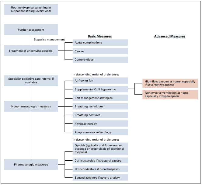 Summary : This flowchart outlines a stepwise approach to the outpatient management of dyspnea, including routine screening, assessment, treatment of underlying causes, referral to palliative care, and both nonpharmacologic and pharmacologic interventions, with escalation to advanced measures as needed.
flowchart:
# Nodes :
• Routine dyspnea screening in outpatient setting (every visit) (rectangle)
• Further assessment (rectangle)
• Stepwise management (rectangle)
• Treatment of underlying cause(s) (rectangle)
• Basic Measures (bold, underlined heading)
– Acute complications (rectangle)
– Cancer (rectangle)
– Comorbidities (rectangle)
• Specialist palliative care referral if available (rectangle)
• Nonpharmacologic measures (rectangle)
– In descending order of preference: (italicized)
• Airflow or fan (rectangle)
• Supplemental O₂ if hypoxemic (rectangle)
• Self-management strategies (rectangle)
• Breathing techniques (rectangle)
• Breathing postures (rectangle)
• Physical therapy (rectangle)
• Acupressure or reflexology (rectangle)
• Pharmacologic measures (rectangle)
– In descending order of preference: (italicized)
• Opioids (typically oral for everyday dyspnea or prophylaxis of exertional dyspnea) (rectangle)
• Corticosteroids if structural causes (rectangle)
• Bronchodilators if bronchospasm (rectangle)
• Benzodiazepines if severe anxiety (rectangle)
• Advanced Measures (bold, underlined heading)
– High-flow oxygen at home, especially if severely hypoxemic (rectangle, highlighted)
– Noninvasive ventilation at home, especially if hypercapneic (rectangle, highlighted)
# Connectors :
• Downward arrows connect each step in the main vertical sequence: screening → assessment → stepwise management → treatment of underlying causes → specialist palliative care referral → nonpharmacologic measures → pharmacologic measures.
• From "Stepwise management," branches lead to "Basic Measures" (with sub-branches for acute complications, cancer, comorbidities).
• From "Nonpharmacologic measures," a branch from "Supplemental O₂ if hypoxemic" leads to "High-flow oxygen at home, especially if severely hypoxemic" under Advanced Measures.
• From "Nonpharmacologic measures," a branch from the same level leads to "Noninvasive ventilation at home, especially if hypercapneic" under Advanced Measures.
# Layout :
• The flowchart is organized vertically, with main steps in a single column.
• "Basic Measures" and "Advanced Measures" are presented as parallel columns, with "Advanced Measures" highlighted in a different color.
• Sub-steps under "Basic Measures," "Nonpharmacologic measures," and "Pharmacologic measures" are listed in descending order of preference.
# Analysis :
• The flowchart emphasizes a structured, stepwise approach to dyspnea management, starting with routine screening and progressing through assessment, treatment, and both nonpharmacologic and pharmacologic interventions.
• Referral to specialist palliative care is recommended if available.
• Nonpharmacologic measures are prioritized before pharmacologic ones, with specific interventions listed in order of preference.
• Advanced measures such as high-flow oxygen and noninvasive ventilation are reserved for severe cases, particularly with hypoxemia or hypercapnia.
• The chart visually distinguishes between basic and advanced interventions, highlighting escalation pathways for more severe symptoms.