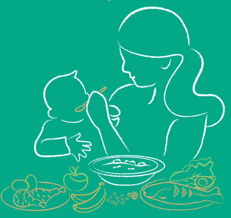 Summary : This illustration shows a woman feeding a young child with a spoon, surrounded by various foods representing a balanced diet.
illustration:
Scene Overview :
• Main subjects are a woman and a child, depicted in white outline on a green background.
• The woman is holding a spoon and feeding the child, who is reaching out with one hand.
• The composition is central, with the figures occupying the middle of the image.
• The colour palette is limited to green, white, and yellow/orange line art for food items.
Technical Details :
• No scale bar or magnification is present.
• No text or UI elements are visible.
• The illustration style is simple and schematic, with no shading or detailed features.
Spatial Relationships :
• The woman and child are in the foreground, with food items arranged in the lower part of the image.
• Food items include a plate with chicken drumsticks and slices, an apple, bananas, grains or seeds, a bowl of soup or porridge, a plate with a whole fish, and leafy greens with an avocado.
• The food is distributed evenly on both sides of the central bowl, suggesting variety.
Analysis :
• The image visually communicates the importance of feeding young children a diverse and nutritious diet, including protein (chicken, fish), fruits (apple, banana), grains/seeds, and vegetables (leafy greens, avocado).
• The central action of spoon-feeding highlights care and attention to child nutrition.
• The arrangement of foods suggests a message about balanced meals for healthy growth.