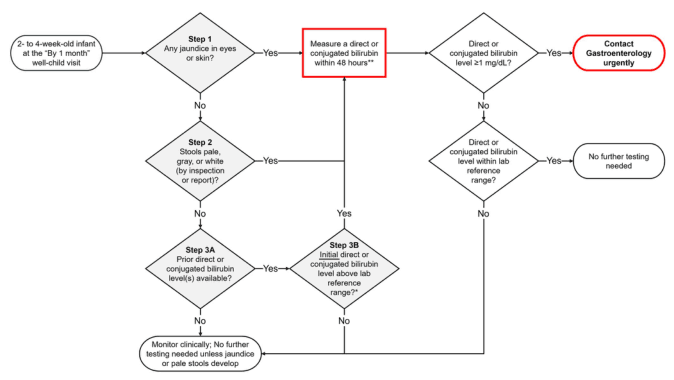 Summary : This flowchart outlines the clinical decision-making process for evaluating jaundice or pale stools in 2- to 4-week-old infants during the "By 1 month" well-child visit, focusing on when to measure direct or conjugated bilirubin and when to urgently contact gastroenterology.
flowchart:
# Nodes :
• Start (ellipse): "2- to 4-week-old infant at the 'By 1 month' well-child visit"
• Step 1 (diamond): "Any jaundice in eyes or skin?"
• Step 2 (diamond): "Stools pale, gray, or white (by inspection or report)?"
• Step 3A (diamond): "Prior direct or conjugated bilirubin level(s) available?"
• Step 3B (diamond): "Initial direct or conjugated bilirubin level above lab reference range?"
• Action (rectangle, red border): "Measure a direct or conjugated bilirubin within 48 hours**"
• Decision (diamond): "Direct or conjugated bilirubin level ≥1 mg/dL?"
• Decision (diamond): "Direct or conjugated bilirubin level within lab reference range?"
• Action (ellipse, red border): "Contact Gastroenterology urgently"
• Action (ellipse): "No further testing needed"
• Action (ellipse): "Monitor clinically; No further testing needed unless jaundice or pale stools develop"
# Connectors :
• Start → Step 1
• Step 1 Yes → Measure a direct or conjugated bilirubin within 48 hours**
• Step 1 No → Step 2
• Step 2 Yes → Measure a direct or conjugated bilirubin within 48 hours**
• Step 2 No → Step 3A
• Step 3A Yes → Step 3B
• Step 3A No → Monitor clinically; No further testing needed unless jaundice or pale stools develop
• Step 3B Yes → Measure a direct or conjugated bilirubin within 48 hours**
• Step 3B No → No further testing needed
• Measure a direct or conjugated bilirubin within 48 hours** → Direct or conjugated bilirubin level ≥1 mg/dL?
• Direct or conjugated bilirubin level ≥1 mg/dL? Yes → Contact Gastroenterology urgently
• Direct or conjugated bilirubin level ≥1 mg/dL? No → Direct or conjugated bilirubin level within lab reference range?
• Direct or conjugated bilirubin level within lab reference range? Yes → No further testing needed
• Direct or conjugated bilirubin level within lab reference range? No → Contact Gastroenterology urgently
# Layout :
• Top-down hierarchical structure.
• Decision diamonds branch to actions or further decisions.
• Red-bordered nodes highlight urgent actions.
• Ellipses used for start/end points and urgent actions.
# Analysis :
• The flowchart provides a systematic approach to evaluating jaundice or pale stools in young infants.
• It emphasizes early measurement of direct or conjugated bilirubin if jaundice or pale stools are present.
• Urgent gastroenterology contact is required if bilirubin is ≥1 mg/dL or above reference range.
• Clinical monitoring is recommended if no concerning findings are present.
• The process ensures timely identification and management of possible liver or biliary disease.