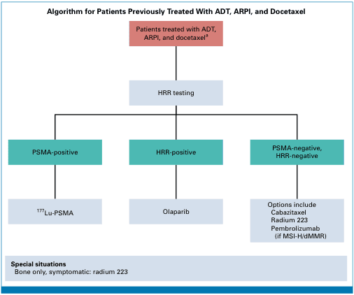 Summary : This flowchart presents an algorithm for managing patients with prostate cancer who have previously been treated with ADT (androgen deprivation therapy), ARPI (androgen receptor pathway inhibitor), and docetaxel. It guides subsequent treatment decisions based on HRR (homologous recombination repair) testing and PSMA (prostate-specific membrane antigen) status.
flowchart:
# Nodes :
• Patients treated with ADT, ARPI, and docetaxel (rectangle, top node)
• HRR testing (rectangle, second row)
• PSMA-positive (rectangle, third row, left branch)
• HRR-positive (rectangle, third row, middle branch)
• PSMA-negative, HRR-negative (rectangle, third row, right branch)
• ¹⁷⁷Lu-PSMA (rectangle, fourth row, under PSMA-positive)
• Olaparib (rectangle, fourth row, under HRR-positive)
• Options include Cabazitaxel, Radium 223, Pembrolizumab (if MSI-H/dMMR) (rectangle, fourth row, under PSMA-negative, HRR-negative)
• Special situations: Bone only, symptomatic: radium 223 (rectangle, bottom, separate section)
# Connectors :
• Downward arrows from "Patients treated with ADT, ARPI, and docetaxel" to "HRR testing"
• Three branches from "HRR testing" to "PSMA-positive", "HRR-positive", and "PSMA-negative, HRR-negative"
• Downward arrows from each third-row node to their respective treatment options in the fourth row
# Layout :
• Vertical flow from top to bottom
• Three-way split after HRR testing, with parallel branches for PSMA-positive, HRR-positive, and PSMA-negative/HRR-negative
• Special situations box is horizontally separated at the bottom
# Analysis :
• The algorithm uses HRR testing as a key decision point after initial treatments.
• Patients are stratified into three groups: PSMA-positive, HRR-positive, and PSMA-negative/HRR-negative.
• Each group is directed to a specific subsequent therapy: ¹⁷⁷Lu-PSMA for PSMA-positive, Olaparib for HRR-positive, and a choice of Cabazitaxel, Radium 223, or Pembrolizumab (if MSI-H/dMMR) for PSMA-negative, HRR-negative.
• Special consideration is given for bone-only, symptomatic cases, recommending radium 223.
• The flowchart provides a clear, stepwise approach to personalized treatment selection based on molecular and imaging markers.
