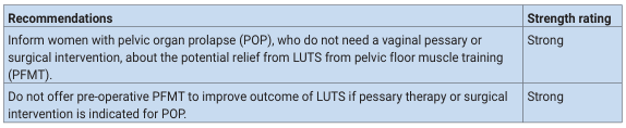 <table><thead><tr><th>Recommendations</th><th>Strength rating</th></tr></thead><tbody><tr><td>Inform women with pelvic organ prolapse (POP), who do not need a vaginal pessary or surgical intervention, about the potential relief from LUTS from pelvic floor muscle training (PFMT).</td><td>Strong</td></tr><tr><td>Do not offer pre-operative PFMT to improve outcome of LUTS if pessary therapy or surgical intervention is indicated for POP.</td><td>Strong</td></tr></tbody></table>