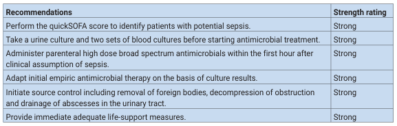 <table><thead><tr><th>Recommendations</th><th>Strength rating</th></tr></thead><tbody><tr><td>Perform the quickSOFA score to identify patients with potential sepsis.</td><td>Strong</td></tr><tr><td>Take a urine culture and two sets of blood cultures before starting antimicrobial treatment.</td><td>Strong</td></tr><tr><td>Administer parenteral high dose broad spectrum antimicrobials within the first hour after clinical assumption of sepsis.</td><td>Strong</td></tr><tr><td>Adapt initial empiric antimicrobial therapy on the basis of culture results.</td><td>Strong</td></tr><tr><td>Initiate source control including removal of foreign bodies, decompression of obstruction and drainage of abscesses in the urinary tract.</td><td>Strong</td></tr><tr><td>Provide immediate adequate life-support measures.</td><td>Strong</td></tr></tbody></table>