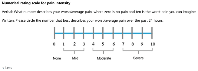 Summary : This figure presents a numerical rating scale for pain intensity, used to assess a patient's worst or average pain over the past 24 hours, with both verbal and written instructions.
scale:
Title & Axes :
• Title: "Numerical rating scale for pain intensity" (implied by heading).
• X-axis: Numeric scale from 0 to 10, labeled at each integer.
• No Y-axis present.
Scale Points & Labels :
• 0: None
• 1–3: Mild
• 4–6: Moderate
• 7–10: Severe
Instructions :
• Verbal: "What number describes your worst/average pain, where zero is no pain and ten is the worst pain you can imagine."
• Written: "Please circle the number that best describes your worst/average pain over the past 24 hours."
Design Encodings :
• Horizontal blue line connecting vertical tick marks at each integer from 0 to 10.
• Brackets below the scale group numbers into pain categories (None, Mild, Moderate, Severe).
Analysis :
• The scale provides a simple, standardized method for patients to quantify pain intensity, facilitating communication and documentation.
• Pain is categorized into four levels (None, Mild, Moderate, Severe) based on numeric ranges, allowing for both qualitative and quantitative assessment.
• The scale is linear and evenly spaced, supporting consistent interpretation across users.
