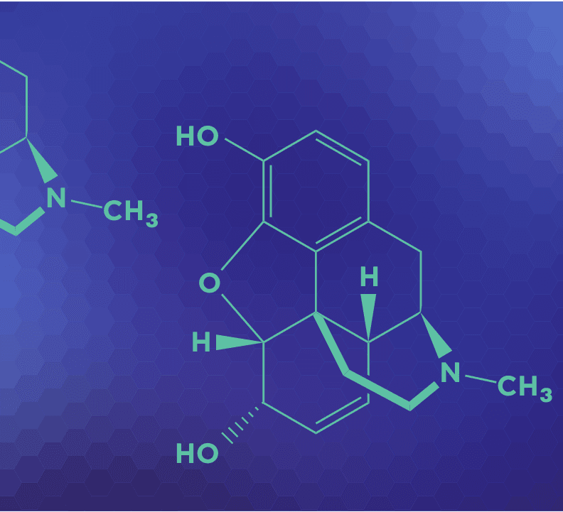 Summary : This image displays the chemical structure of a complex organic molecule, specifically morphine, on a blue hexagonal patterned background.
chemical structure illustration:
# Main Structure :
• The molecule consists of five fused rings, including aromatic and non-aromatic rings.
• Functional groups present: two hydroxyl groups (–OH), one ketone (C=O), and one tertiary amine (N–CH₃).
• Stereochemistry is indicated with solid and dashed wedges for hydrogen and hydroxyl groups.
• The nitrogen atom is bonded to a methyl group (–CH₃).
• The structure is drawn in a skeletal formula style, with carbon atoms implied at vertices and hydrogen atoms shown only where necessary for clarity.
# Labels & Notation :
• Atoms labeled: HO (hydroxyl), H (hydrogen), O (oxygen), N (nitrogen), CH₃ (methyl).
• Stereochemistry: solid wedges (out of plane), dashed wedges (into plane).
• No explicit atom numbering or additional annotation.
# Design & Background :
• Molecule is rendered in light teal/green lines.
• Background is a blue gradient with a subtle hexagonal pattern.
• No axis, scale, or legend present.
# Spatial Relationships :
• The molecule is centered, with a partial structure visible on the left edge, suggesting a cropped or extended illustration.
• The main focus is on the morphine molecule.
# Analysis :
• The image is a clear, stylized depiction of the morphine molecule, highlighting its key functional groups and stereochemistry.
• The background and color scheme are chosen for visual appeal, not for data presentation.
• No quantitative or comparative data is present; the image serves as a chemical illustration.