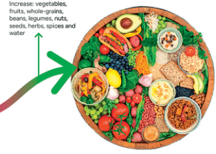 Summary : This image is an illustration of a healthy eating plate, emphasizing the increase of certain food groups for a balanced diet.
illustration:
Main Message :
• The image shows a round plate filled with a variety of foods, primarily vegetables, fruits, whole grains, beans, legumes, nuts, seeds, and herbs.
• A large green arrow points to the plate, accompanied by the text: "Increase: vegetables, fruits, whole-grains, beans, legumes, nuts, seeds, herbs, spices and water".
Scene Overview :
• The plate is visually divided into sections, each containing different plant-based foods such as leafy greens, tomatoes, berries, grains, nuts, and legumes.
• The foods are presented in bowls and loose arrangements, with vibrant colors (greens, reds, yellows, browns) dominating the palette.
• The background is white, and the plate is bordered with a wooden rim.
Technical Details :
• No scale bar or magnification is present.
• The only on-image text is the dietary recommendation.
• The illustration is clear, with high contrast and realistic food depictions.
Spatial Relationships :
• The arrow and text are positioned to the left of the plate, directing attention to the food selection.
• Foods are evenly distributed around the plate, with no single food group dominating the visual space.
Analysis :
• The illustration visually reinforces the recommendation to increase intake of plant-based foods and water for a healthy diet.
• The diversity of foods shown suggests variety and balance, with an emphasis on minimally processed, whole foods.
• The absence of animal products or processed foods highlights a plant-forward dietary pattern.