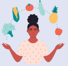 Summary : This illustration shows a person meditating with various fruits and vegetables floating above their head, suggesting a focus on healthy eating or nutrition.
illustration:
Scene Overview :
• Main subject is a person seated in a meditative pose with hands in a mudra gesture.
• Above the person, six food items are depicted: corn, tomato, cucumber, pineapple, apple, and broccoli.
• The foods are arranged in an arc, implying balance or variety.
• The background is a light pastel shade, creating a calm and inviting atmosphere.
• The colour palette is soft, with muted tones for both the person and the foods.
Technical Details :
• No scale bar, magnification, or scientific annotation present.
• No text or labels on the image.
• The illustration style is flat and vector-based.
Spatial Relationships :
• The person is centrally placed in the foreground.
• The foods are evenly spaced in an arc above the person’s head, suggesting a halo or focus on nutrition.
• The composition uses symmetry and balance.
Analysis :
• The image visually communicates the concept of mindfulness or meditation in relation to healthy eating.
• The variety of fruits and vegetables suggests an emphasis on a balanced diet.
• The calm and balanced composition reinforces the theme of wellness and holistic health.