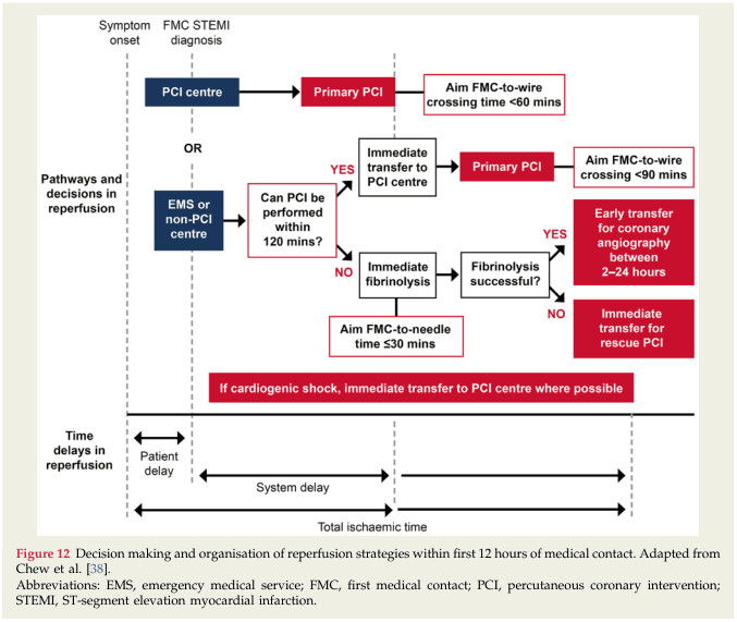 Summary : This flowchart outlines the decision-making and organization of reperfusion strategies for patients with ST-segment elevation myocardial infarction (STEMI) within the first 12 hours of medical contact, focusing on minimizing total ischemic time and system delays.
flowchart:
# Nodes :
• Symptom onset (vertical dashed line, start point)
• FMC STEMI diagnosis (vertical dashed line)
• PCI centre (rectangle)
• Primary PCI (rectangle, red)
• Aim FMC-to-wire crossing time <60 mins (rectangle, red)
• EMS or non-PCI centre (rectangle)
• Can PCI be performed within 120 mins? (diamond)
• Immediate transfer to PCI centre (rectangle)
• Primary PCI (rectangle, red)
• Aim FMC-to-wire crossing <90 mins (rectangle, red)
• Immediate fibrinolysis (rectangle)
• Aim FMC-to-needle time ≤30 mins (rectangle, red)
• Fibrinolysis successful? (diamond)
• Early transfer for coronary angiography between 2–24 hours (rectangle, red)
• Immediate transfer for rescue PCI (rectangle, red)
• If cardiogenic shock, immediate transfer to PCI centre where possible (rectangle, red, spanning bottom of chart)
# Connectors :
• Arrows indicate flow from symptom onset through diagnosis to either PCI centre or EMS/non-PCI centre.
• From PCI centre → Primary PCI → Aim FMC-to-wire crossing time <60 mins.
• From EMS/non-PCI centre → Can PCI be performed within 120 mins?
– YES: Immediate transfer to PCI centre → Primary PCI → Aim FMC-to-wire crossing <90 mins.
– NO: Immediate fibrinolysis → Aim FMC-to-needle time ≤30 mins → Fibrinolysis successful?
▫ YES: Early transfer for coronary angiography between 2–24 hours.
▫ NO: Immediate transfer for rescue PCI.
• If cardiogenic shock at any point, immediate transfer to PCI centre where possible.
# Layout :
• Flow is left-to-right, with vertical swim-lanes for “Pathways and decisions in reperfusion” and “Time delays in reperfusion.”
• Patient delay and system delay are indicated as horizontal bars below the main flowchart, contributing to total ischemic time.
• Red boxes highlight critical time targets and urgent actions.
# Analysis :
• The chart emphasizes minimizing delays in reperfusion therapy for STEMI, prioritizing primary PCI when feasible within recommended timeframes.
• Decision points focus on the feasibility of PCI within 120 minutes and the success of fibrinolysis, with clear fallback strategies (rescue PCI or early angiography).
• Immediate transfer to PCI centre is recommended in cases of cardiogenic shock, regardless of other considerations.
• The flowchart visually separates patient delay from system delay, underscoring the importance of rapid system response to reduce total ischemic time.