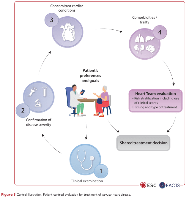Summary : This figure illustrates a patient-centred evaluation process for the treatment of valvular heart disease, emphasizing shared decision-making based on clinical findings, disease severity, comorbidities, and patient preferences.
flowchart:
# Nodes :
• Clinical examination (circle with stethoscope icon)
• Confirmation of disease severity (circle with diagnostic tool icons)
• Concomitant cardiac conditions (circle with heart illustration)
• Comorbidities / frailty (circle with organ icons)
• Patient’s preferences and goals (central illustration of patient and clinician at a table)
• Heart Team evaluation (box: “Risk stratification including use of clinical scores; Timing and type of treatment”)
• Shared treatment decision (box)
# Connectors :
• Arrows indicate a clockwise sequence: Clinical examination → Confirmation of disease severity → Concomitant cardiac conditions → Comorbidities/frailty → Heart Team evaluation → Shared treatment decision.
• Central node (Patient’s preferences and goals) is visually emphasized and connected to the process, indicating its central role in decision-making.
# Layout :
• Circular/loop layout with four numbered steps (1–4) around the central patient-clinician interaction.
• Heart Team evaluation and Shared treatment decision are placed to the right, following the assessment steps.
• ESC and EACTS logos are present at the bottom right.
# Analysis :
• The diagram highlights a cyclical, multidisciplinary approach to valvular heart disease management, integrating clinical assessment, disease severity, comorbidities, and patient values.
• The central placement of patient preferences underscores the importance of shared decision-making.
• The process is iterative, suggesting ongoing reassessment and adaptation of treatment plans.