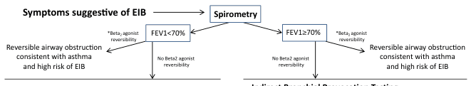 Summary : This flowchart outlines the diagnostic pathway for evaluating patients with symptoms suggestive of exercise-induced bronchoconstriction (EIB) using spirometry and the interpretation of FEV1 values, with subsequent steps based on reversibility to beta2 agonists.
flowchart:
Nodes :
• Start: "Symptoms suggestive of EIB" (text)
• "Spirometry" (rectangle)
• Decision: "FEV1 < 70%" (diamond)
• Decision: "FEV1 ≥ 70%" (diamond)
• "Reversible airway obstruction consistent with asthma and high risk of EIB" (rectangle, appears twice)
• "*Beta2 agonist reversibility" (annotation, appears twice)
• "No Beta2 agonist reversibility" (annotation, appears twice)
Connectors :
• Arrow from "Symptoms suggestive of EIB" to "Spirometry"
• Arrow from "Spirometry" splits to "FEV1 < 70%" and "FEV1 ≥ 70%"
• From "FEV1 < 70%":
– Arrow to "*Beta2 agonist reversibility" leading to "Reversible airway obstruction consistent with asthma and high risk of EIB"
– Arrow to "No Beta2 agonist reversibility" (ends)
• From "FEV1 ≥ 70%":
– Arrow to "*Beta2 agonist reversibility" leading to "Reversible airway obstruction consistent with asthma and high risk of EIB"
– Arrow to "No Beta2 agonist reversibility" (ends)
Layout :
• Linear top-down flow with a split after spirometry into two branches based on FEV1 value (<70% or ≥70%), each with two possible outcomes (reversibility or not).
• Annotations for beta2 agonist reversibility are placed before the final diagnostic node in each branch.
Analysis :
• The flowchart provides a clear, stepwise approach for diagnosing EIB in patients with suggestive symptoms.
• Spirometry is the initial test, with FEV1 value determining the next step.
• Both FEV1 < 70% and FEV1 ≥ 70% require assessment of reversibility to beta2 agonists to confirm reversible airway obstruction, consistent with asthma and high risk of EIB.
• If there is no reversibility to beta2 agonists, the pathway ends without a diagnosis of reversible airway obstruction.