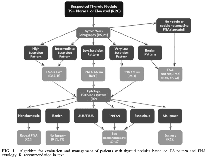 Summary : This figure presents an algorithmic flowchart for the evaluation and management of patients with suspected thyroid nodules, based on ultrasound (US) pattern and fine-needle aspiration (FNA) cytology, referencing the Bethesda system and specific recommendations.
flowchart:
# Nodes :
• Start (rectangle): "Suspected Thyroid Nodule TSH Normal or Elevated (R2C)"
• Decision (rectangle): "Thyroid/Neck Sonography (R6, 21)"
• Branch (rectangle): "High Suspicion Pattern"
• Branch (rectangle): "Intermediate Suspicion Pattern"
• Branch (rectangle): "Low Suspicion Pattern"
• Branch (rectangle): "Very Low Suspicion Pattern"
• Branch (rectangle): "Benign Pattern"
• Terminal (rectangle): "No nodule or nodule not meeting FNA size cutoff"
• Action (rectangle): "FNA ≥ 1 cm (R8A, B)"
• Action (rectangle): "FNA ≥ 1.5 cm (R8C)"
• Action (rectangle): "FNA ≥ 2 cm (R8D)"
• Terminal (rectangle): "FNA not required (R8E, 8F, 23)"
• Action (rectangle): "Cytology Bethesda system (R9)"
• Outcome (rectangle): "Nondiagnostic"
• Outcome (rectangle): "Benign"
• Outcome (rectangle): "AUS/FLUS"
• Outcome (rectangle): "FN/FSN"
• Outcome (rectangle): "Suspicious"
• Outcome (rectangle): "Malignant"
• Action (rectangle): "Repeat FNA (R10)"
• Action (rectangle): "No Surgery (R11, 23)"
• Action (rectangle): "See Recommendations 13–17"
• Action (rectangle): "Surgery (R12)"
# Connectors :
• Arrows direct flow from "Suspected Thyroid Nodule" to "Thyroid/Neck Sonography" and to "No nodule or nodule not meeting FNA size cutoff".
• From "Thyroid/Neck Sonography", arrows branch to "High Suspicion Pattern", "Intermediate Suspicion Pattern", "Low Suspicion Pattern", "Very Low Suspicion Pattern", and "Benign Pattern".
• Each suspicion pattern node leads to a corresponding FNA size threshold or "FNA not required".
• All FNA nodes converge to "Cytology Bethesda system (R9)".
• "Cytology Bethesda system (R9)" branches to six outcomes: "Nondiagnostic", "Benign", "AUS/FLUS", "FN/FSN", "Suspicious", "Malignant".
• Each outcome leads to a specific management action (e.g., "Repeat FNA", "No Surgery", "See Recommendations", "Surgery").
# Layout :
• Top-down hierarchical structure.
• Initial decision splits into five main US pattern branches.
• FNA thresholds filter which nodules proceed to cytology.
• Cytology results further stratify management.
• Terminal actions at the bottom row.
# Analysis :
• The flowchart provides a stepwise, pattern-based approach to thyroid nodule management, integrating US risk stratification and cytology.
• FNA is only performed if nodules meet specific size and suspicion criteria.
• Cytology results (Bethesda system) dictate subsequent management, ranging from repeat FNA, observation, further recommendations, or surgery.
• The algorithm emphasizes minimizing unnecessary procedures for benign or low-risk nodules and prioritizing intervention for suspicious or malignant findings.