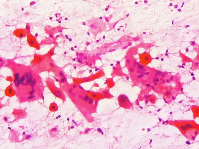 Fine-needle aspiration cytology (FNAC) smear of a left cervical lymph node demonstrates malignant squamous cells consistent with metastatic disease from a hypopharyngeal primary. The specimen is a pap-stained cytology smear prepared from a neck mass in a 55-year-old male with a year-long history of an enlarging neck mass and a known biopsy-confirmed squamous cell carcinoma of the pyriform sinus. Light microscopy reveals cohesive cellular clusters and individual polygonal cells with abundant eosinophilic cytoplasm, hyperchromatic enlarged nuclei, conspicuous nucleoli, and prominent intercellular bridges. Occasional keratinization points and necrotic background are seen, with a mixed lymphoid population and scant mucinous material. The cytologic features are classic for squamous cell carcinoma, including high nuclear-to-cytoplasmic ratio and marked cellular pleomorphism. The presence of metastatic squamous carcinoma in a cervical lymph node confirms regional nodal involvement and supports the diagnosis of disseminated disease from an oropharyngeal-hypopharyngeal primary, especially given the pyriform sinus origin. Clinically, this finding influences treatment planning, including neck dissection versus chemoradiation and prognosis assessment. Correlation with imaging (CT/MRI) and endoscopic evaluation is recommended to identify the primary site, assess nodal burden, and guide staged management. Overall, the image exemplifies cytologic hallmarks of metastatic squamous carcinoma in lymphoid tissue, with diagnostic significance for head-and-neck oncology, nodal metastasis, and therapeutic decision-making.