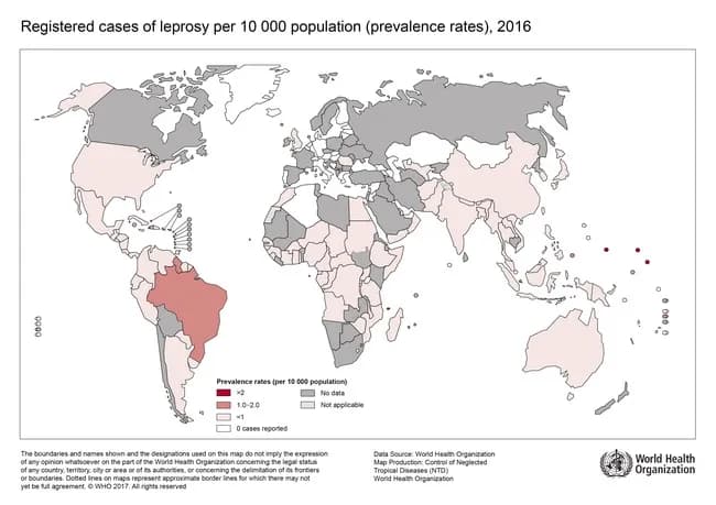 Geospatial epidemiology visualization of leprosy prevalence at a global scale. This global choropleth map uses 2016 data from the World Health Organization and related health authorities to depict registered leprosy cases per 10,000 population. High-prevalence clusters appear in the Indian subcontinent, parts of Brazil and Indonesia, with substantial tropical distribution extending into other endemic regions; several African countries show lower to moderate rates or data limitations. The color ramp typically ranges from light tones in low-prevalence areas to deep red in countries with the highest reported burden, enabling rapid visual assessment of endemic regions. The map integrates standard geographic boundaries and presents a snapshot suitable for public health surveillance, travel medicine risk assessment, epidemiology education, and resource planning for diagnosis, treatment, and prevention programs. Limitations include reporting bias, variation in case definitions, and differences in surveillance capacity across countries; thus, prevalence per 10,000 is influenced by case finding and health system coverage. This visualization supports hypothesis generation about transmission dynamics, regional health priorities, and the impact of leprosy control initiatives over time. It can be used in academic settings, policy discussions, and clinical education to contextualize individual patient presentations within population-level risk landscapes.
