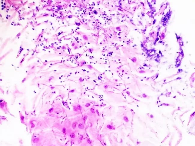 Imaging modality and technique: Light microscopy of an esophageal mucosal biopsy stained with Hematoxylin and Eosin (H&E). Anatomical location: esophageal squamous mucosa of the upper gastrointestinal tract, biopsy specimen from the distal esophagus. Visual features: a mucosal fragment exhibiting desquamated squamous cells and mixed inflammatory debris with an inflammatory infiltrate in the lamina propria. Fungal elements are seen as slender pseudohyphae with budding yeast forms occupying the mucosal surface and occasionally invading superficial epithelium. The organisms appear basophilic/purple on H&E; they are classically highlighted by fungal special stains such as PAS or GMS, which would accentuate wall thickening and budding yeasts. Pathological findings: Candida species with pseudohyphae and budding yeast within inflammatory debris; mucosal inflammation consistent with esophagitis; no extensive necrosis; focal epithelial desquamation; compatible with infectious esophagitis. Diagnostic significance: histologic confirmation of Candida esophagitis; provides definitive etiologic diagnosis in patients with odynophagia, dysphagia, fever, or immunosuppression; informs antifungal therapy and duration; may prompt evaluation for underlying immunodeficiency. Potential clinical use cases: confirmation of suspected fungal esophagitis in HIV/AIDS, organ transplant recipients, chemotherapy, or prolonged steroid use; differentiation from pill esophagitis; this description supports educational and research use in teaching fungal mucosal invasion and antifungal response assessment.