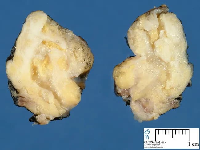 Gross pathology photograph of a pediatric soft tissue lipoblastoma. The lesion is circumscribed, soft, and lobulated, measuring 1-15 cm. On the cut surface tan-white fibrous trabeculae traverse pale yellow adipose tissue, reflecting adipocytic differentiation within a myxoid matrix. Myxoid or gelatinous foci and occasional cystic areas are common. The specimen represents a resected soft tissue mass with lobulated architecture and variable consistency. Image credits: Dr. Jean-Christophe Fournet, Paris, France; humpath.com; Used with permission. Lipoblastoma is a benign pediatric adipocytic neoplasm that typically arises in infancy or early childhood. Gross features described here—well-circumscribed margins, adipose-dominant tissue with fibrous septa and myxoid change—aid differentiation from lipomas and from liposarcomas, which can resemble lipoblastoma histologically but occur less commonly in young patients. Definitive diagnosis requires histopathology showing lipoblasts with scalloped nuclei in a myxoid stroma, with supportive immunohistochemical/molecular studies as needed. Surgical excision with clear margins is curative in most cases, though recurrence can occur with incomplete resection or infiltrative margins. Clinically, gross morphology guides differential diagnosis and surgical planning, and should be correlated with imaging and histology. Educational use includes teaching gross features of pediatric adipocytic tumors, differential with lipoma vs liposarcoma, and prognostic implications. This image highlights lobulation, adipose composition, myxoid variation, and occasional cystic change, informing diagnosis, management, and prognosis.