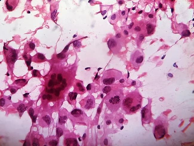 Fine-needle aspiration cytology (FNAC) of a midline anterior neck mass yields a highly cellular smear composed of pleomorphic malignant cells with markedly enlarged, hyperchromatic nuclei, conspicuous nucleoli, and occasional intranuclear inclusions. The tumor cells are variably polygonal to bizarre in shape, often arranged singly or in discohesive clusters, with frequent mitotic figures. Intermixed within the cellular background are numerous osteoclast-like giant cells containing multiple nuclei, creating a characteristic giant cell-rich pattern. Background material shows scant colloid and occasional necrotic debris, consistent with an anaplastic process in the thyroid. The overall cytomorphology is compatible with Anaplastic Thyroid Carcinoma (ATC), a rare, highly aggressive thyroid malignancy; the giant cell-rich variant represents one morphologic spectrum. Immunocytochemical profiling is typically required to confirm thyroid origin and exclude mimics such as lymphoma or metastatic sarcoma. Clinically, ATC presents in elderly patients as a rapidly enlarging neck mass with potential airway compromise and vocal changes; the prognosis remains dismal despite therapy. This image thus documents a high-grade undifferentiated thyroid neoplasm with giant cell differentiation, emphasizing the diagnostic challenge and need for ancillary studies, including thyroid lineage markers (TTF-1, PAX8) and proliferation indices, to support an accurate diagnosis and guide urgent multidisciplinary management for optimal patient care.