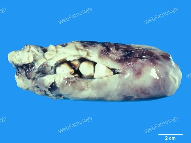 Gross pathology photograph of a gallbladder specimen displaying features of acute calculous cholecystitis. The organ is enlarged with marked wall edema and thickening; the serosal surface is dull and may be variably congested, with patchy fibrinopurulent exudate adherent to the serosa. The specimen shows omental adhesions and pericholecystic fluid, reflecting surrounding inflammatory response. The lumen contains one or more gallstones, establishing cholelithiasis as the inciting factor. Outer gallbladder surfaces exhibit hemorrhagic discoloration and, in advanced disease, may demonstrate gangrenous changes ranging from deep red to black. This image, taken as a fixed macrographic photograph against a standardized blue background with a 2 cm scale bar, captures the gross correlates of biliary inflammation due to cystic duct obstruction. The gross features correlate with histopathologic processes such as mucosal irritation, edema, and transmural inflammation; if unrecognized or prolonged, progression to perforation or gangrene is possible. Clinically, these findings align with acute cholecystitis presentations: right upper quadrant pain, fever, leukocytosis, and leukogram abnormalities. Radiologic evaluation often demonstrates gallstones and pericholecystic fluid; surgical pathology confirms the diagnosis and informs subsequent management, including cholecystectomy. This image is educational for medical students, residents, and pathology trainees, illustrating typical macroscopic gallbladder pathology.