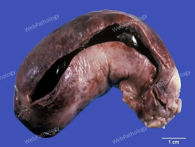Gross pathology photograph of a gallbladder specimen showing gangrenous cholecystitis. The organ is enlarged and markedly distended, opened to reveal intraluminal gallstones. The serosal surface is dusky red-brown from congestion and hemorrhage, with transmural inflammation and necrosis evident in the gallbladder wall. The walls are friable and may show edema while the mucosa is disrupted by necrotic debris. External serosa appears thickened and mottled; the lumen contains pigmented bile and debris. Overall, features are consistent with acute calculous cholecystitis complicated by gangrene, with possible early perforation risk. This macroscopic appearance correlates with ischemic injury to the gallbladder wall and extensive inflammatory infiltration. The image illustrates a classic teaching example for gross surgical pathology and hepatobiliary disease. Clinically, gangrenous cholecystitis represents a severe, life-threatening progression from simple cholecystitis, often in patients with comorbidities such as diabetes, cardiovascular disease, and advanced age. The photo supports differential considerations including emphysematous cholecystitis or perforated cholecystitis and emphasizes urgent surgical management and histopathologic confirmation of transmural necrosis. Note the scale is conveyed by a contrasting background and a centimeter ruler present in the image, supporting gross measurements and education. This representation facilitates correlation with surgical findings and guides learning in medical school, pathology residency, and radiology-pathology conferences.