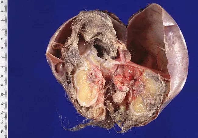 Gross pathology photograph of an ovarian mass from a 16-year-old female, consistent with a mature cystic teratoma (dermoid cyst). The specimen is opened to reveal classic dermoid contents: hair, sebaceous material, and adipose tissue arranged within a fluctuant multilocular cyst. The cyst wall is lined by stratified squamous epithelium with keratinous debris; surrounding ovarian stroma shows fibrous tissue without invasion. Internal components demonstrate ectodermal derivatives including hair shafts and sebaceous glands; adipose tissue and occasionally calcified fragments may be present. The mass is largely benign in behavior, typically unilateral, and often presents with abdominal pain or mass effect in adolescence; torsion is a known complication. Histologically, mature tissues from ectodermal, mesodermal, and endodermal origins can be seen, but in this specimen no immature neural elements or malignant transformation are evident. The gross appearance and cut-open configuration strongly support diagnosis of a mature cystic teratoma, which is the most common ovarian neoplasm in young girls. Clinically, this lesion requires surgical excision with preservation of ovarian tissue when possible; prognosis is excellent after complete resection. Radiologic imaging (ultrasound, CT, MRI) typically demonstrates a fat-containing cyst with echogenic sebaceous material, aiding differential diagnosis prior to pathology.