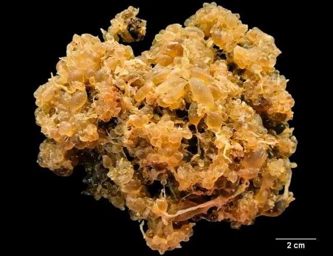 This is a gross pathology photograph of a complete hydatidiform mole derived from gestational tissue, illustrating numerous grape‑like vesicles consisting of hydropic chorionic villi without a fetal fetus. The specimen presents as an amorphous, multilobulated mass with tan‑yellow coloration and semitranslucent vesicles evident on the surface. A 2 cm scale bar is included for size reference, indicating a substantial vesicular conglomerate typical of molar tissue. Gross features include swollen villous cores with hydropic degeneration, numerous small vesicular cavities, and fibrous septa connecting some clusters. There is an absence of recognizable fetal parts or embryonic tissue, consistent with a complete mole in which paternal chromosomal duplication drives abnormal development. The image correlates with histologic patterns of diffuse villous edema and proliferation of trophoblastic tissue on microscopic examination, but the macroscopic morphology is diagnostic of gestational trophoblastic disease when correlated with clinical data. Clinically, complete moles can present with uterine enlargement, hyperemesis gravidarum, and markedly elevated β-hCG; management typically involves suction curettage with subsequent serial hCG monitoring to ensure resolution. This image, provided by Dr. Rosalinda Penaloza Ramirez, serves educational purposes in pathology teaching, differential diagnosis with partial mole and nonmolar abortion, and GTD management scenarios.