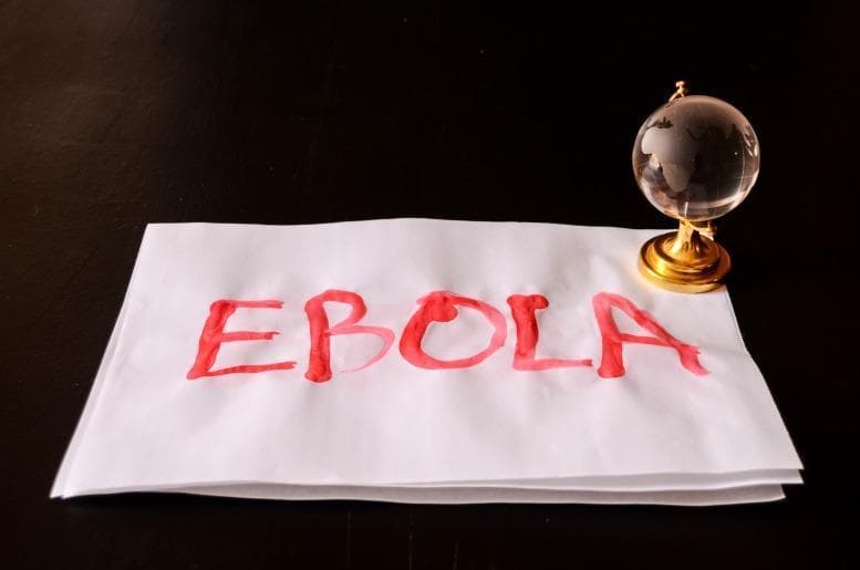An infographic-style photograph illustrating the concept of a global health crisis, specifically focusing on Ebola Virus Disease (EVD). The image features a white sheet of paper resting on a dark surface, with the word 'EBOLA' written centrally in bold, crimson-red lettering. The medium used for the text has a fluid, slightly irregular texture resembling blood or liquid pigment, suggesting the visceral nature of the hemorrhagic fever. To the top right of the paper sits a small, transparent glass globe on a gold-toned pedestal, symbolizing the international impact and geographic spread of infectious disease outbreaks. This visual serves as an educational representation of global health security, emerging infectious diseases, and the public health response to viral pathogens with epidemic potential. It is suitable for discussions regarding epidemiology, international disease surveillance, and the sociological impact of high-consequence pathogens.