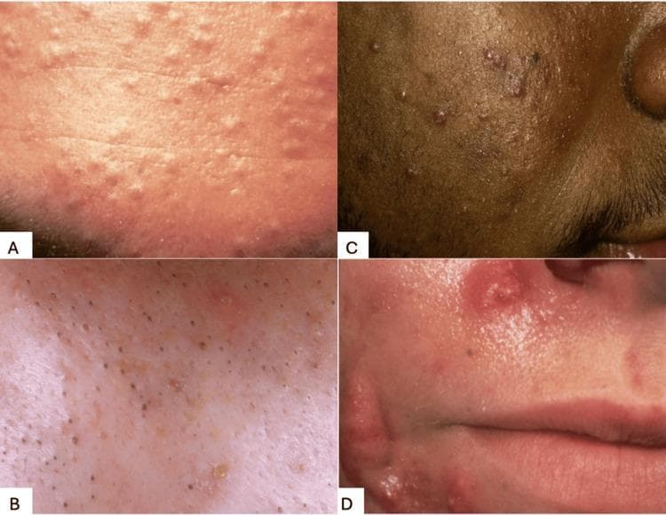 This composite of four clinical photographs illustrates different clinical morphologies of acne vulgaris, highlighting the spectrum from non-inflammatory to inflammatory lesions. Panel A displays closed comedones (whiteheads), appearing as small, skin-colored, dome-shaped papules without an apparent follicular opening, densely clustered on the forehead. Panel B shows open comedones (blackheads), characterized by dilated follicular orifices containing dark, oxidized keratinous plugs. Panel C demonstrates mixed inflammatory acne, presenting as a combination of erythematous papules and pustules on pigmented skin, indicating moderate follicular inflammation. Panel D captures severe nodulocystic acne, featuring large, deep-seated, painful-appearing inflammatory nodules and cysts with significant surrounding erythema and edema, which carry a higher risk of permanent scarring. These images serve as a dermatological reference for classifying acne severity and type, which is critical for determining appropriate therapeutic interventions ranging from topical retinoids for comedonal types to systemic therapies for nodulocystic presentations.