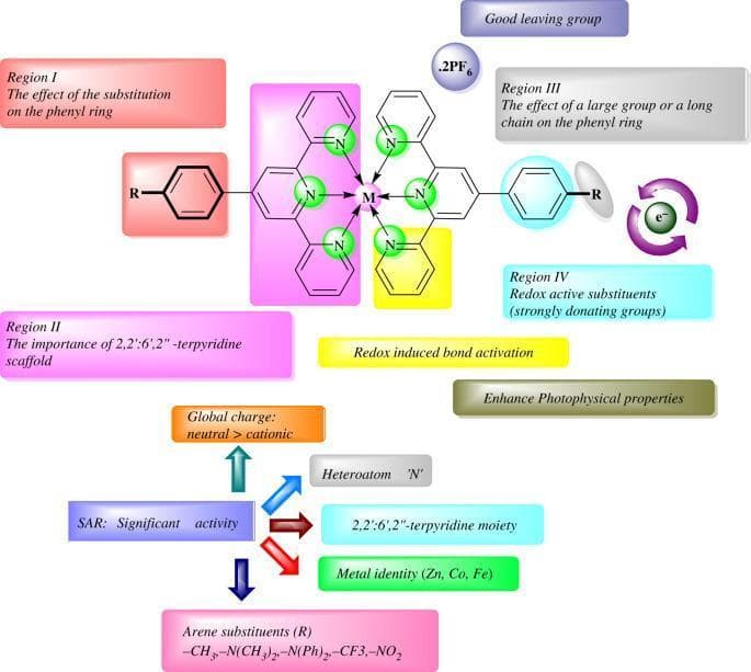 This medicinal chemistry infographic illustrates the Structure-Activity Relationship (SAR) of synthesized terpyridine-based metal complexes, focusing on their potential as antimicrobial agents. The central figure depicts a transition metal complex where a central metal atom (M), such as Zn, Co, or Fe, is coordinated by a 2,2′:6′,2″-terpyridine tridentate ligand. The diagram highlights four critical regions of chemical modification: Region I explores phenyl ring substitutions (R groups), Region II emphasizes the terpyridine scaffold, Region III assesses steric effects of bulky peripheral groups, and Region IV focuses on redox-active, strongly donating substituents. Associated hexafluorophosphate (.2PF₆) counterions are shown for cationic complexes. Below the structural model, a flowchart summarizes key factors influencing 'Significant Activity,' including global charge (neutral vs. cationic), nitrogen heteroatoms, and metal identity. Specific arene substituents like -CH₃, -N(CH₃)₂, and -NO₂ are listed as variables that tune antibacterial efficacy through lipophilicity and electronic induction, impacting the complex's ability to permeate bacterial cell membranes.