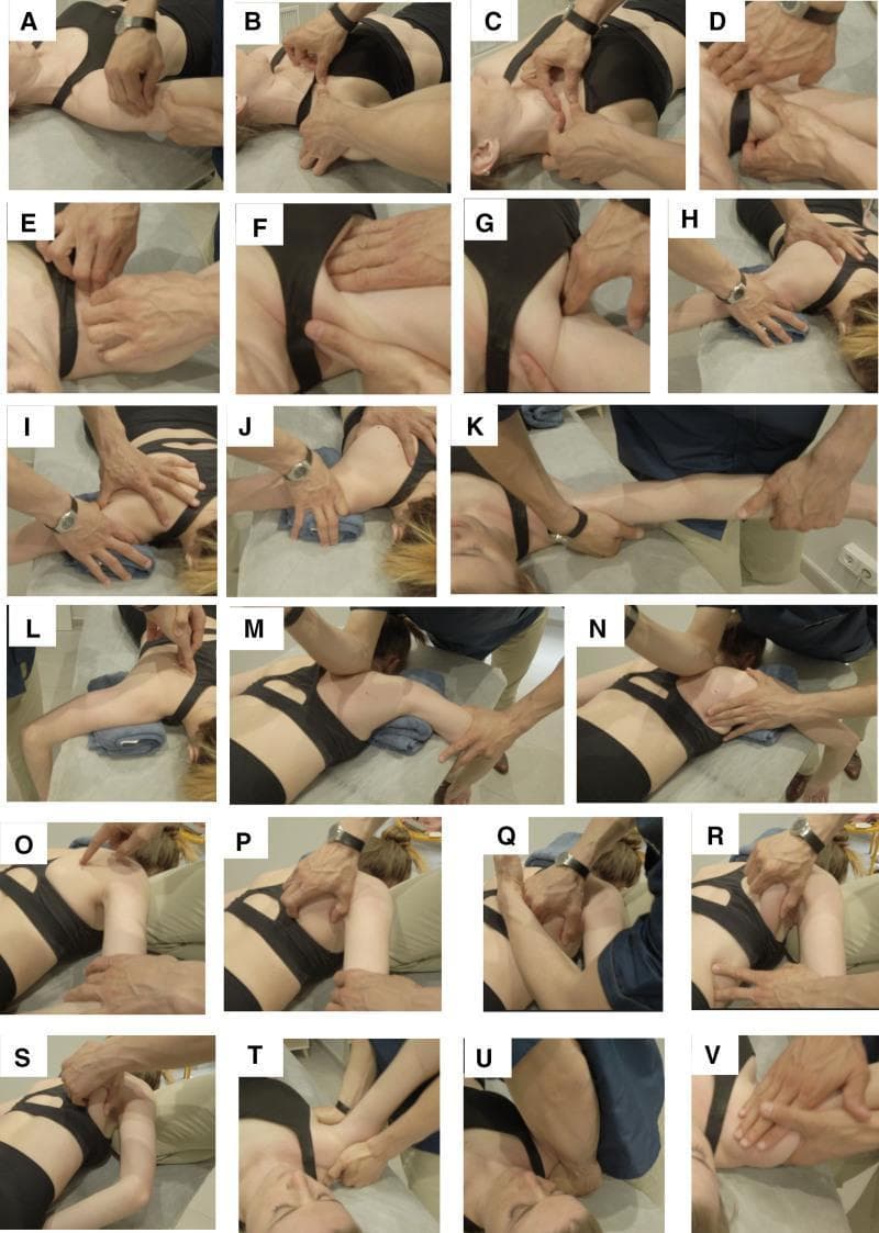 A comprehensive series of clinical photographs (labeled A–V) demonstrating a manual therapy protocol for Glenohumeral Internal Rotation Deficit (GIRD). The images illustrate a sequential progression of soft tissue and joint mobilization techniques. Initial steps (A–G) show the patient supine, focusing on anterior structures: digital glides of the deltoid fascia, anteroposterior and craniocaudal clavicular mobilizations, and myofascial release of the subclavian, pectoralis major/minor, and subscapularis muscles. Middle panels (H–K) transition to the patient in a prone position for external rotator myofascial release, glenohumeral decoaptation, and mobilization of the triangular space, quadrangular space, and triceps hiatus. Subsequent panels (L–S) depict scapular musculature release (rhomboids, trapezius) and scapulothoracic joint decoaptation. Final panels (T–V) show the patient returned to a supine position for posterior capsule mobilization at 90º flexion and adduction, followed by glenohumeral circumductions. This educational sequence highlights the integrated approach to treating shoulder mobility deficits through specific hand placement and patient positioning targeting various anatomical layers.