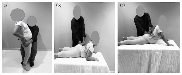 Clinical photograph illustrating three variations (A, B, and C) of physical therapy manual techniques for lumbar spine mobilization in a patient with low back pain. Panel A depicts a central posterior-anterior (CPA) mobilization during extension in a standing position, with a therapist providing manual stabilization at the patient's lumbosacral region. Panel B shows CPA mobilization in a prone lying position during partial extension, where the patient is propped on their elbows. Panel C demonstrates CPA mobilization in prone lying during full extension, with the patient's arms fully extended in a 'press-up' position. These images illustrate the integration of Maitland manual mobilization grades (I-IV) with McKenzie extension exercises for treating derangement syndrome. The educational focus is on the correct therapist hand placement over the lumbar spinous processes and the various patient postural loads (standing vs. prone) used to improve joint mobility and reduce pain through mechanical loading strategies.